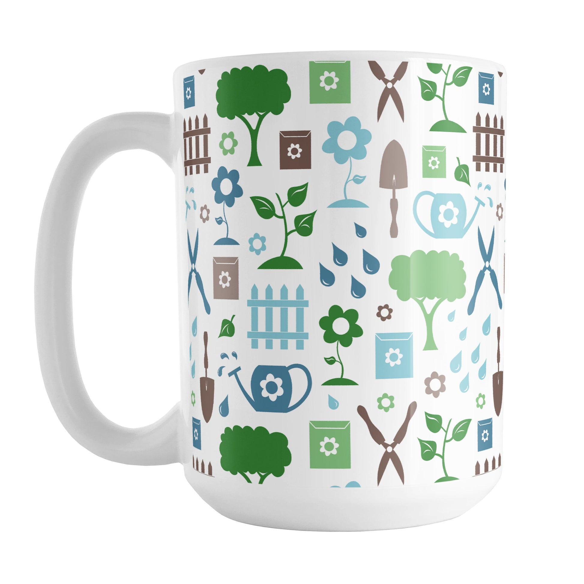 Gardening Pattern Mug (15oz) at Amy's Coffee Mugs. A ceramic coffee mug designed with a gardening pattern with trees, plants, flowers, seed packets, watering cans, fences, and gardening tools in blue, green, and brown.
