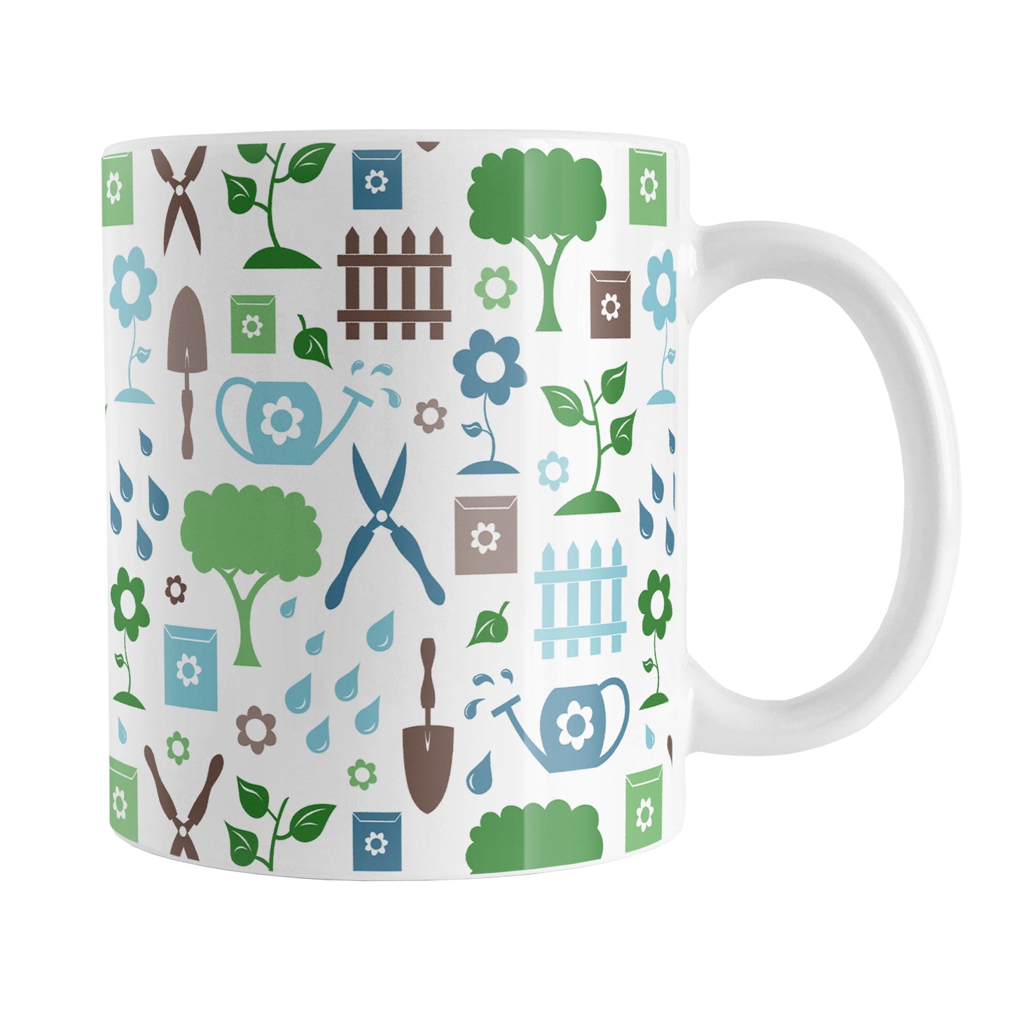 Gardening Pattern Mug (11oz) at Amy's Coffee Mugs. A ceramic coffee mug designed with a gardening pattern with trees, plants, flowers, seed packets, watering cans, fences, and gardening tools in blue, green, and brown.