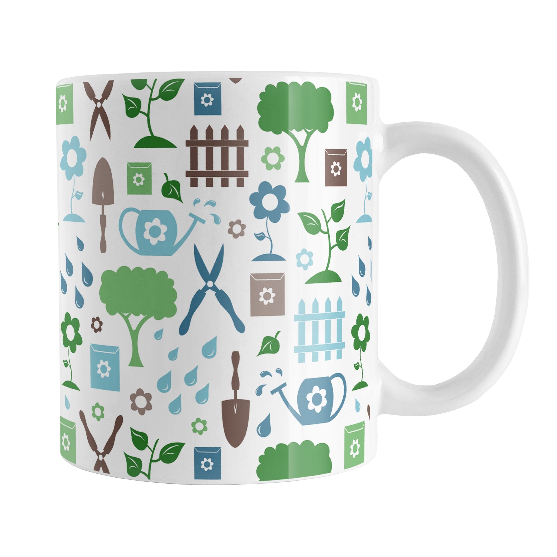 Gardening Pattern Mug (11oz) at Amy's Coffee Mugs. A ceramic coffee mug designed with a gardening pattern with trees, plants, flowers, seed packets, watering cans, fences, and gardening tools in blue, green, and brown.