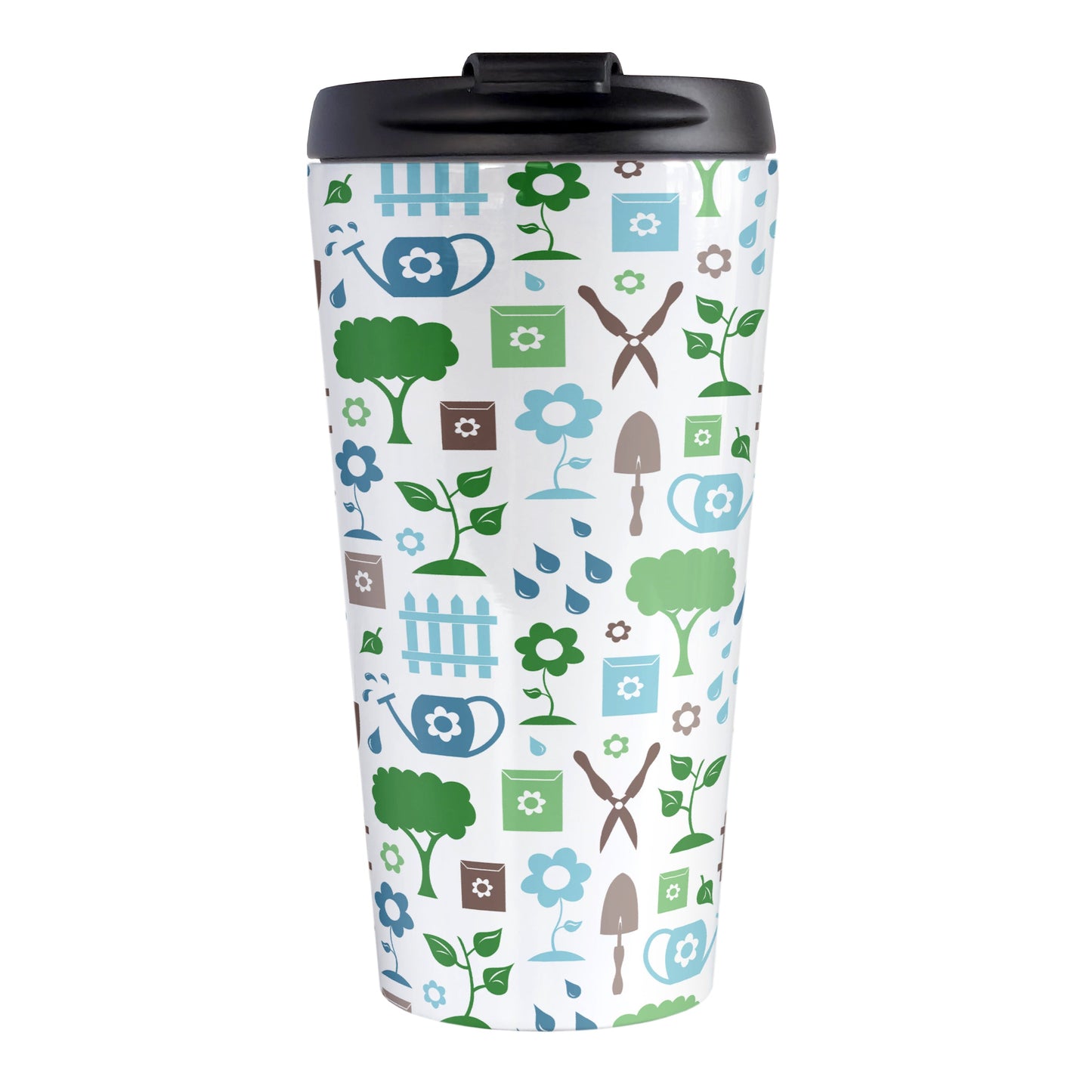 Gardening Pattern Travel Mug (15oz) at Amy's Coffee Mugs. A stainless steel travel mug designed with a gardening pattern with trees, plants, flowers, seed packets, watering cans, fences, and gardening tools in blue, green, and brown.