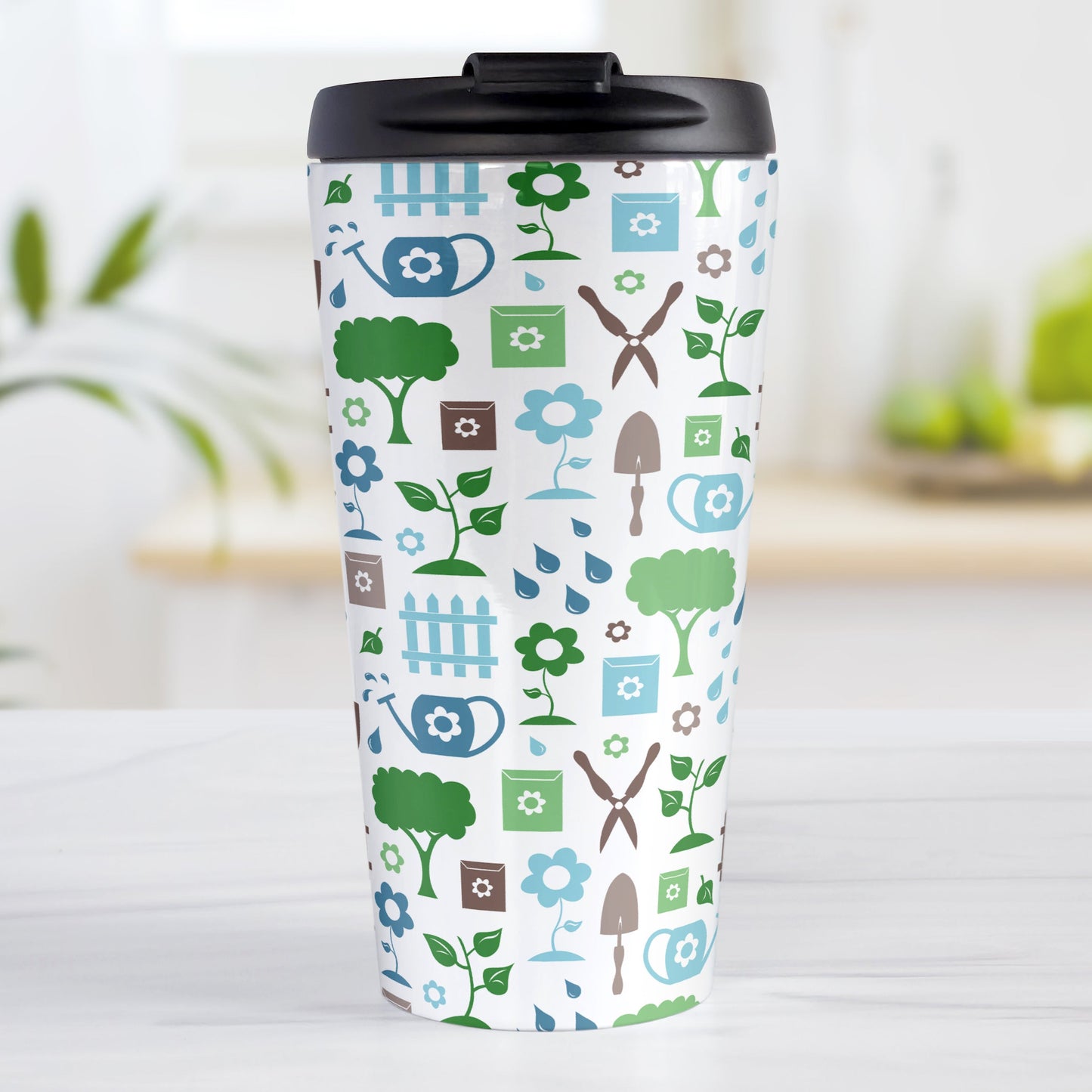 Gardening Pattern Travel Mug (15oz) at Amy's Coffee Mugs. A stainless steel travel mug designed with a gardening pattern with trees, plants, flowers, seed packets, watering cans, fences, and gardening tools in blue, green, and brown.