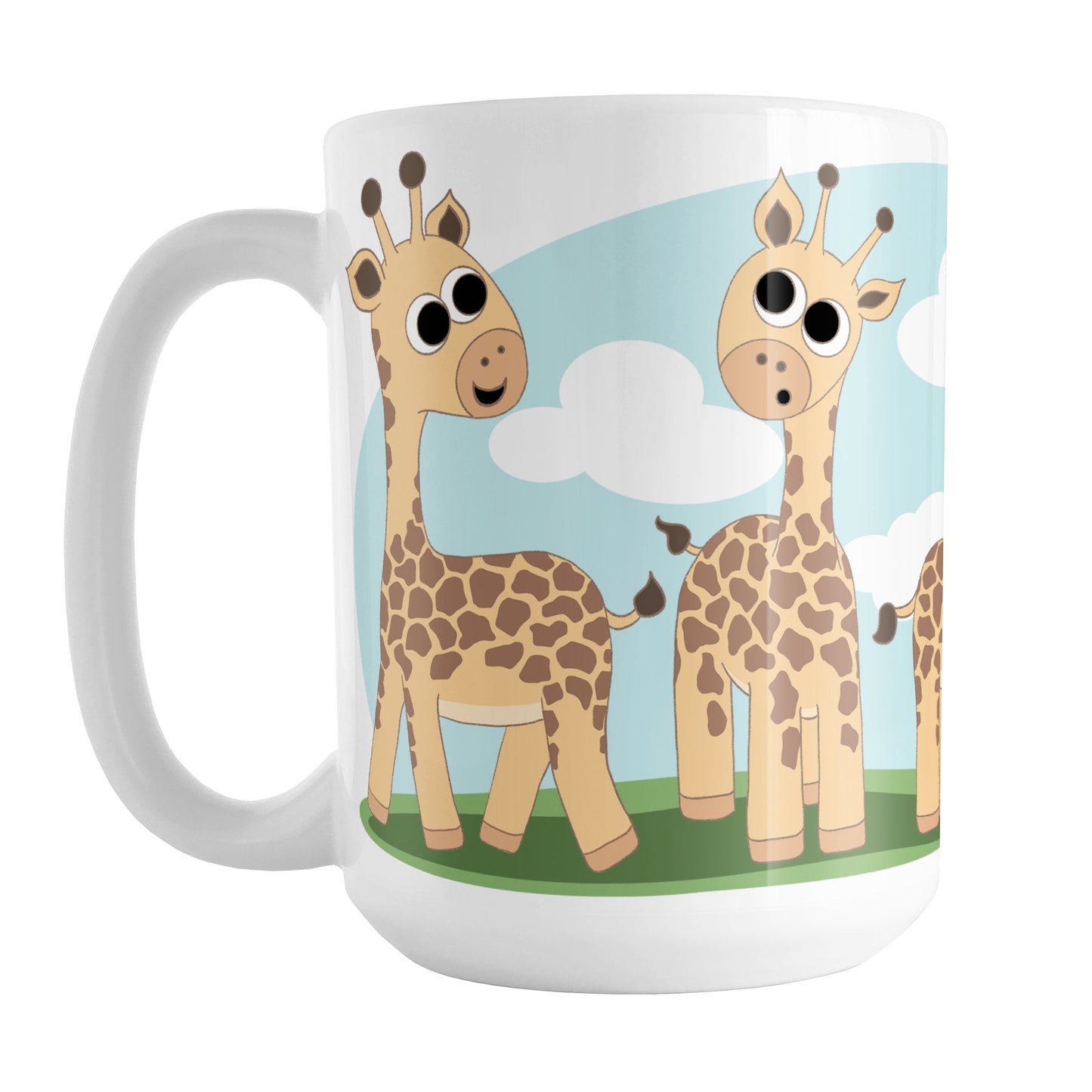 Gathering Giraffes Mug (15oz) at Amy's Coffee Mugs. A ceramic coffee mug designed with five cute illustrated giraffes, with different expressions, around the mug, over a blue sky and green grass background.