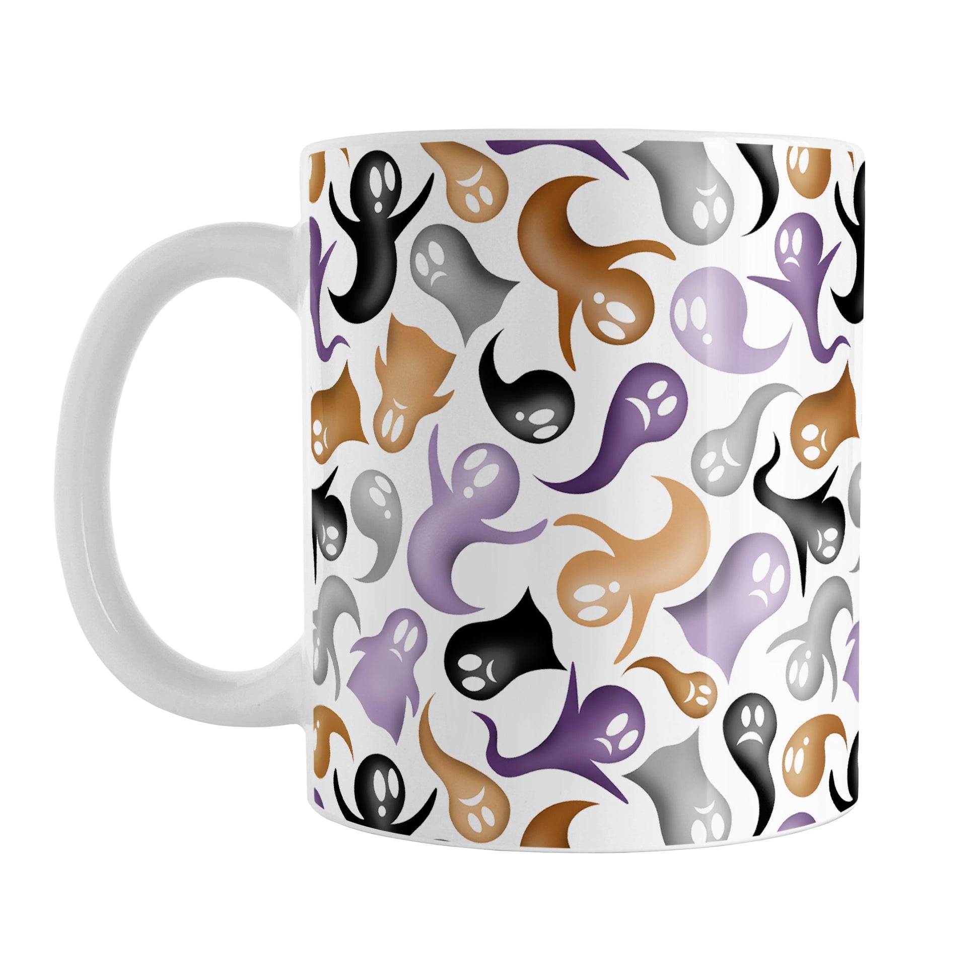 Ghosts and Spirits Halloween Mug (11oz) at Amy's Coffee Mugs. A ceramic coffee mug designed with a whimsical pattern of purple, orange, black and gray ghosts and spirits that wraps around the mug to the handle.