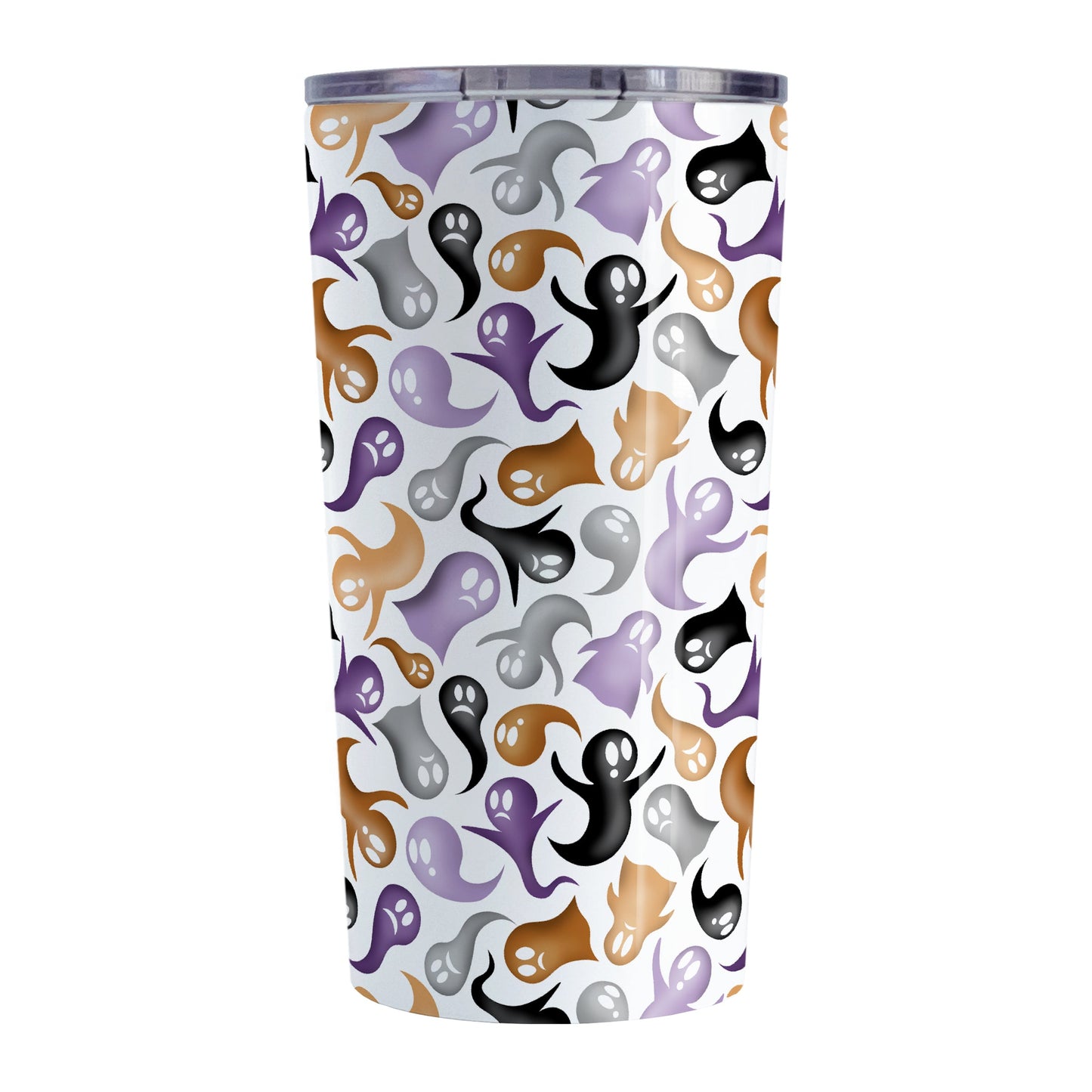 Ghosts and Spirits Halloween Tumbler Cup (20oz) at Amy's Coffee Mugs. A stainless steel insulated tumbler cup designed with a whimsical pattern of purple, orange, black and gray ghosts and spirits that wraps around the cup.