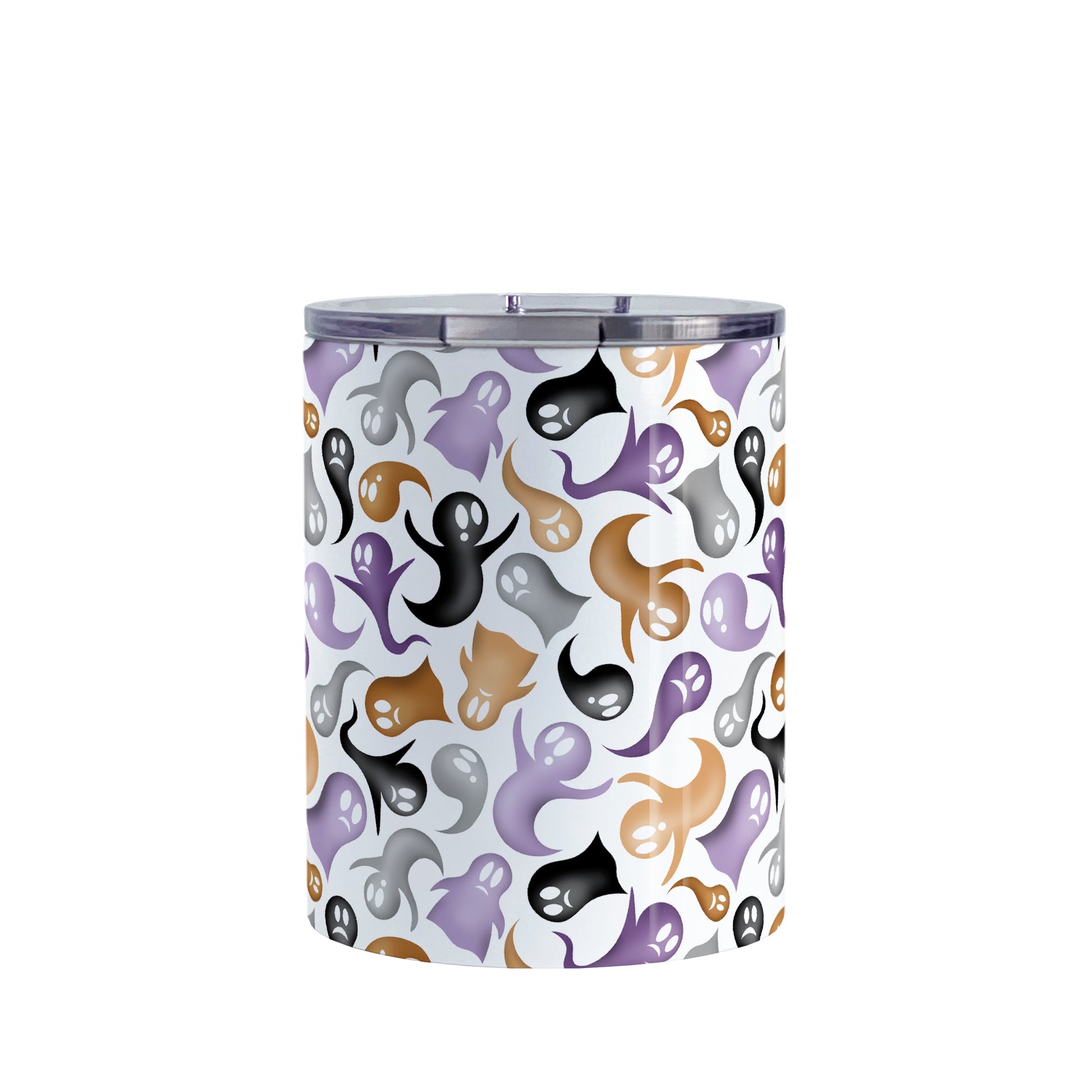 Ghosts and Spirits Halloween Tumbler Cup (10oz) at Amy's Coffee Mugs. A stainless steel insulated tumbler cup designed with a whimsical pattern of purple, orange, black and gray ghosts and spirits that wraps around the cup.