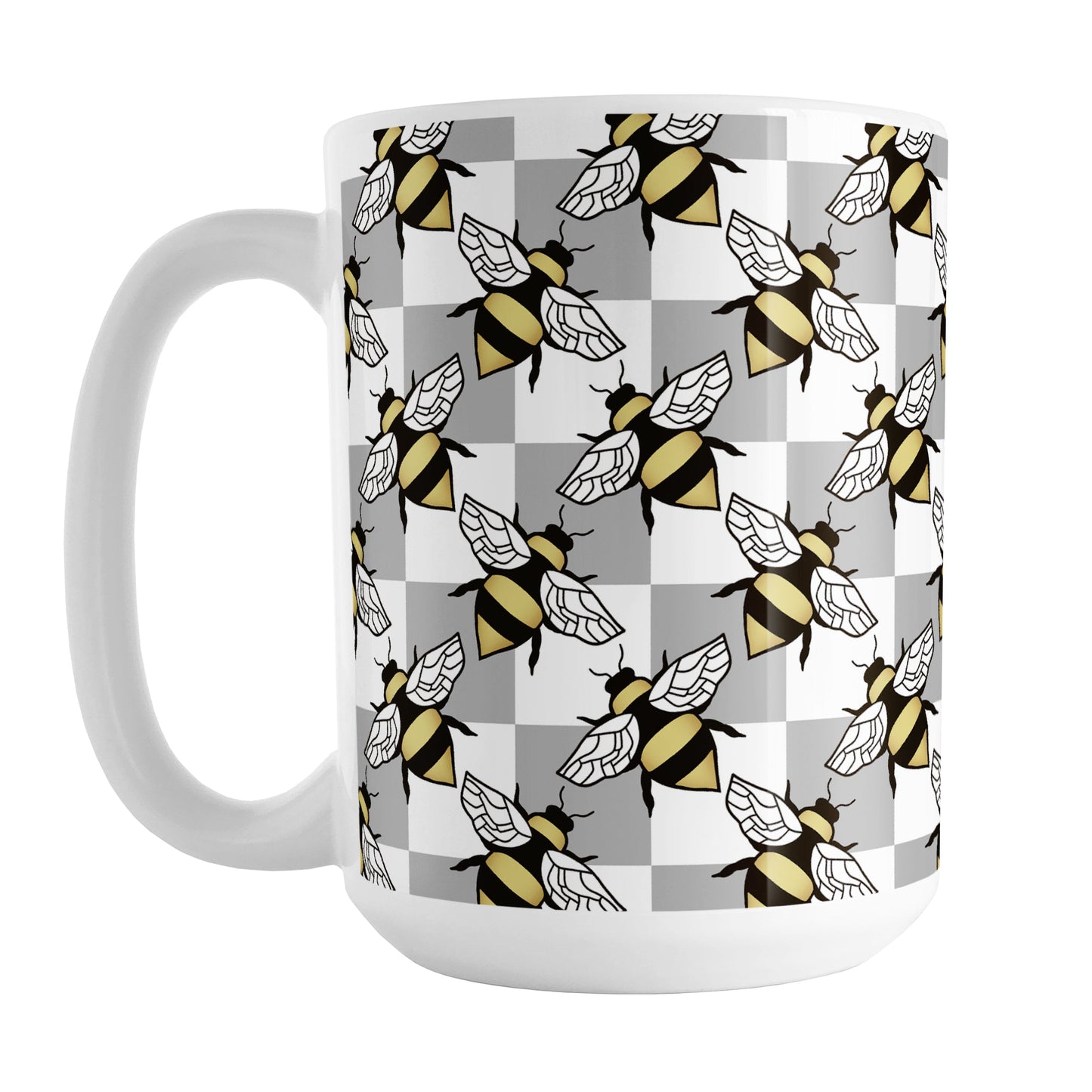 Gray Checkered Bee Mug (15oz) at Amy's Coffee Mugs. A ceramic coffee mug designed with a gray and white checkered pattern adorned with alternately facing bees over the check pattern. This design wraps around the mug up to the handle.