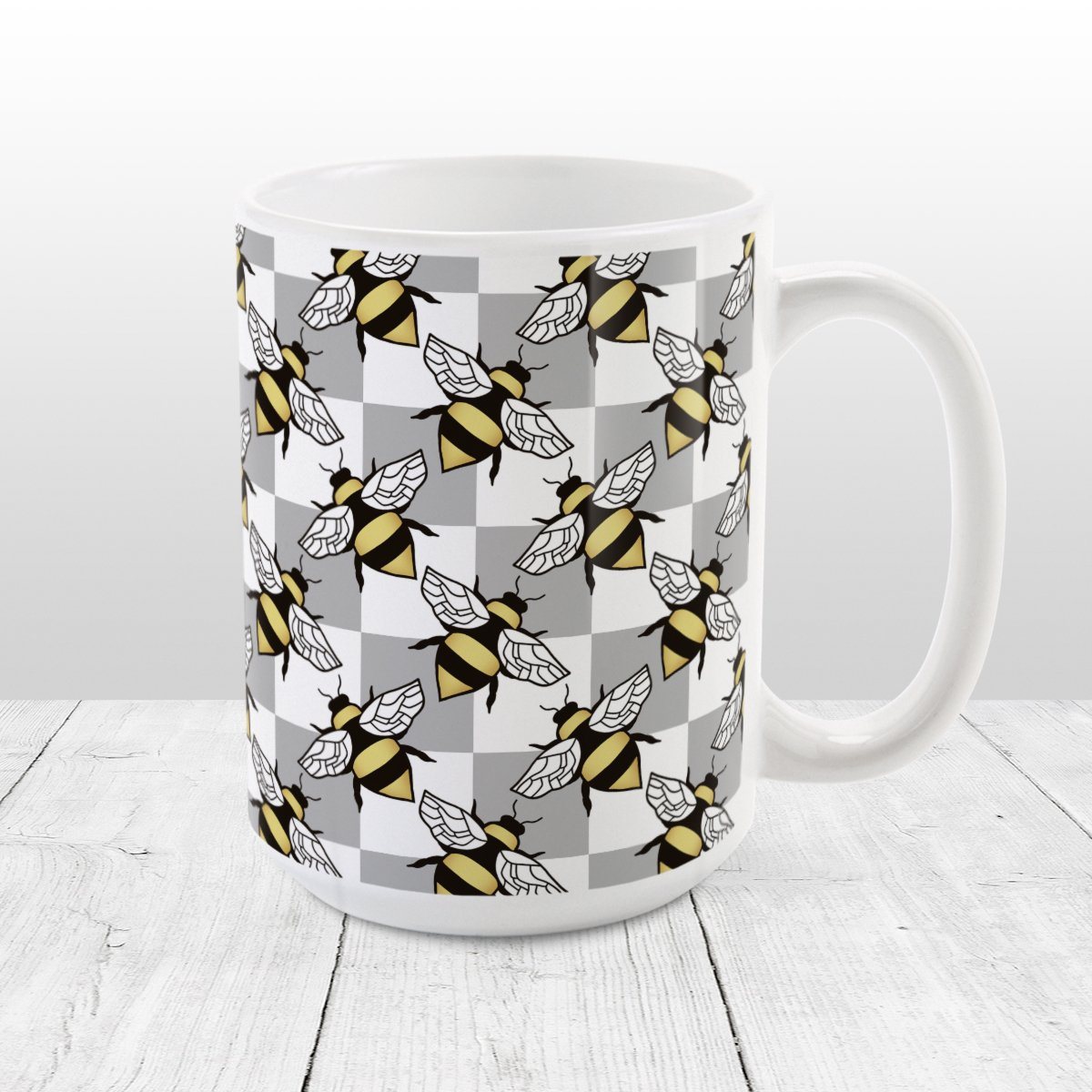 Gray Checkered Bee Mug (15oz) at Amy's Coffee Mugs