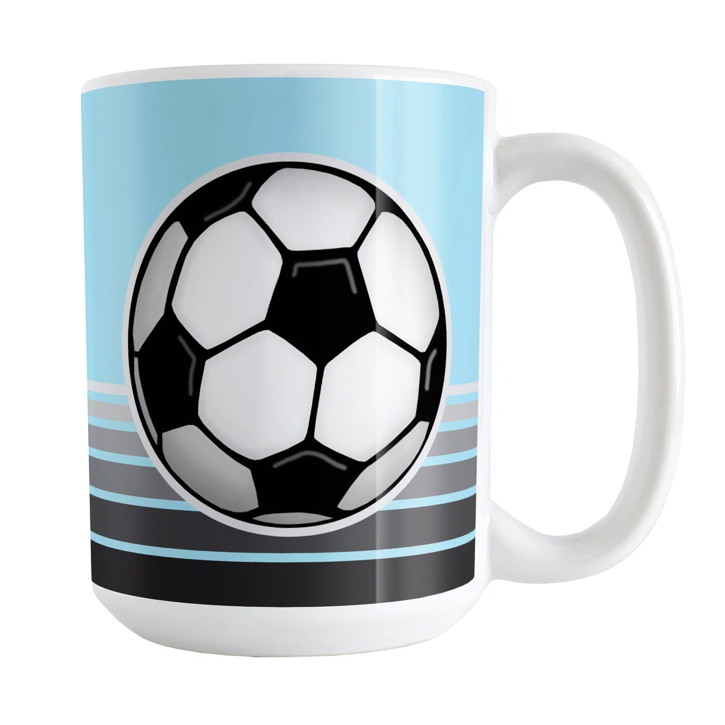 Gray Gradient Lined Blue Soccer Ball Mug (15oz) at Amy's Coffee Mugs. A ceramic coffee mug designed with a big soccer ball on both sides of the mug over gradient black to gray lines along the bottom over a blue background color that wraps around the mug up to the handle.