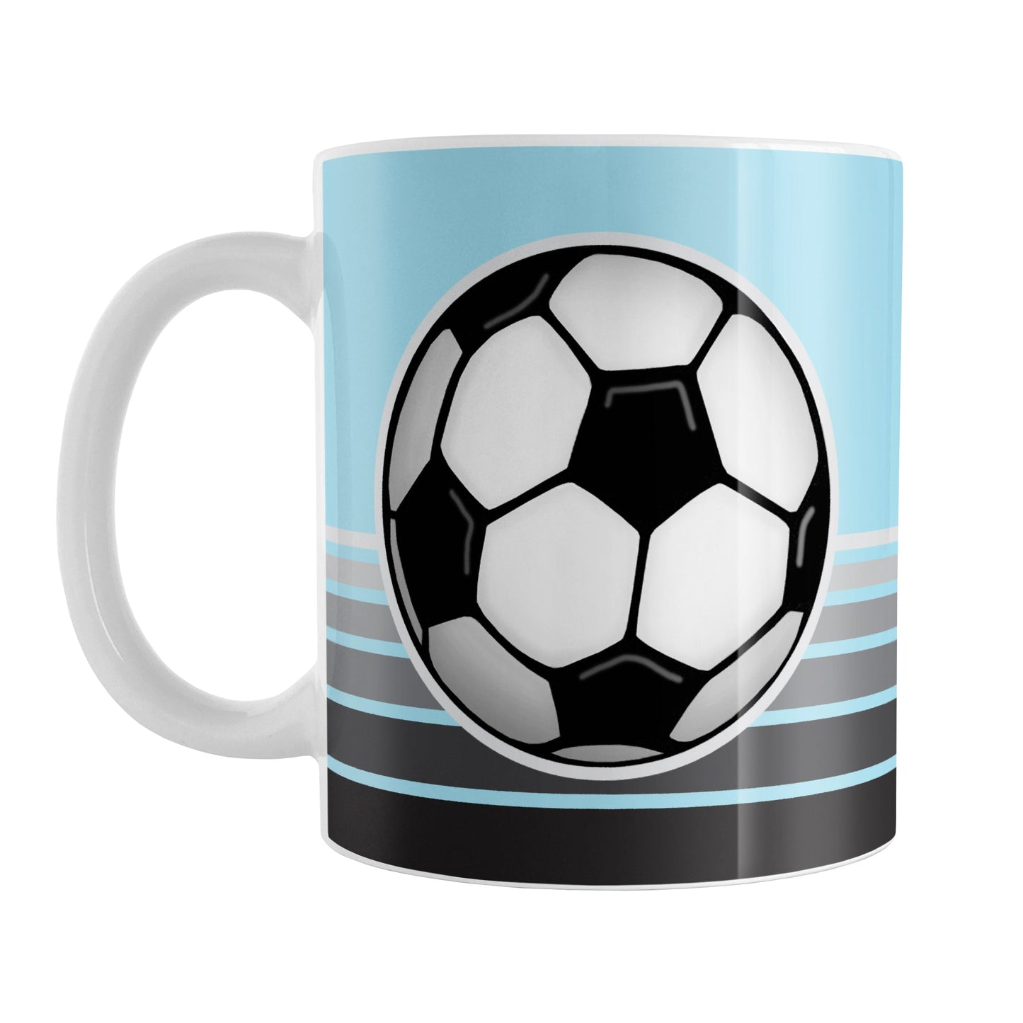 Gray Gradient Lined Blue Soccer Ball Mug (11oz) at Amy's Coffee Mugs. A ceramic coffee mug designed with a big soccer ball on both sides of the mug over gradient black to gray lines along the bottom over a blue background color that wraps around the mug up to the handle.