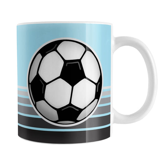 Gray Gradient Lined Blue Soccer Ball Mug (11oz) at Amy's Coffee Mugs. A ceramic coffee mug designed with a big soccer ball on both sides of the mug over gradient black to gray lines along the bottom over a blue background color that wraps around the mug up to the handle.