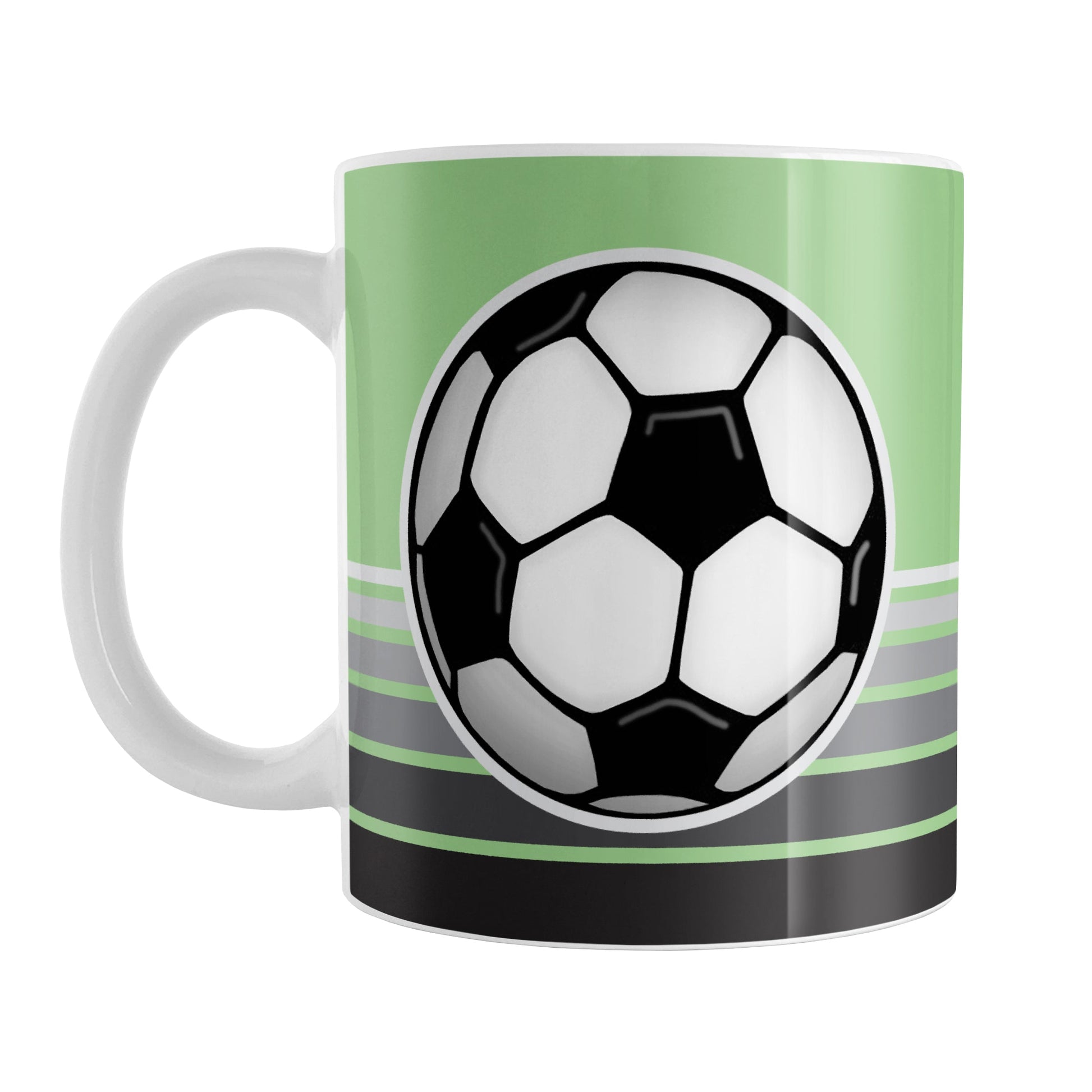 Gray Gradient Lined Green Soccer Ball Mug (11oz) at Amy's Coffee Mugs. A ceramic coffee mug designed with a big soccer ball on both sides of the mug over gradient black to gray lines along the bottom over a green background color that wraps around the mug up to the handle.