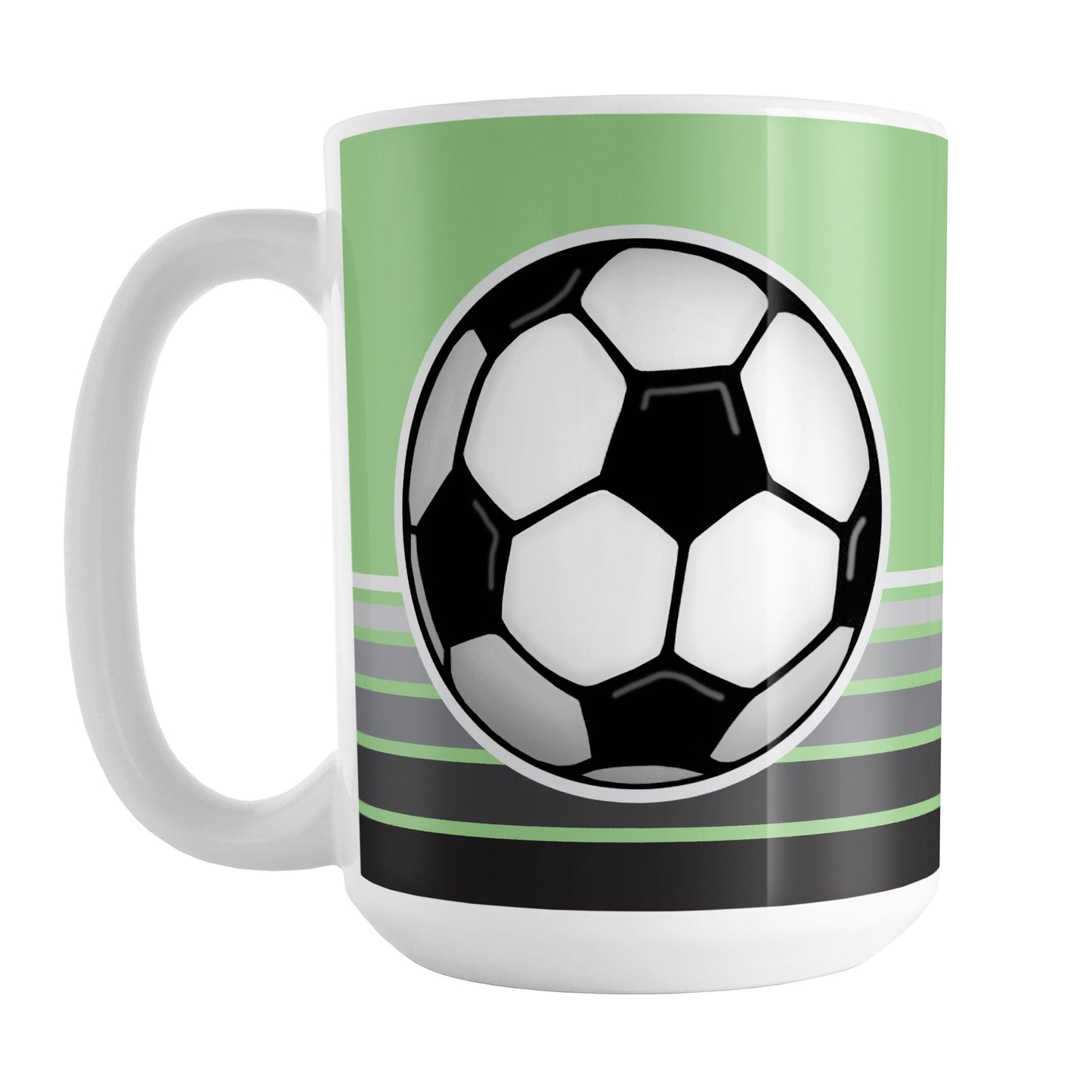 Gray Gradient Lined Green Soccer Ball Mug (15oz) at Amy's Coffee Mugs. A ceramic coffee mug designed with a big soccer ball on both sides of the mug over gradient black to gray lines along the bottom over a green background color that wraps around the mug up to the handle.