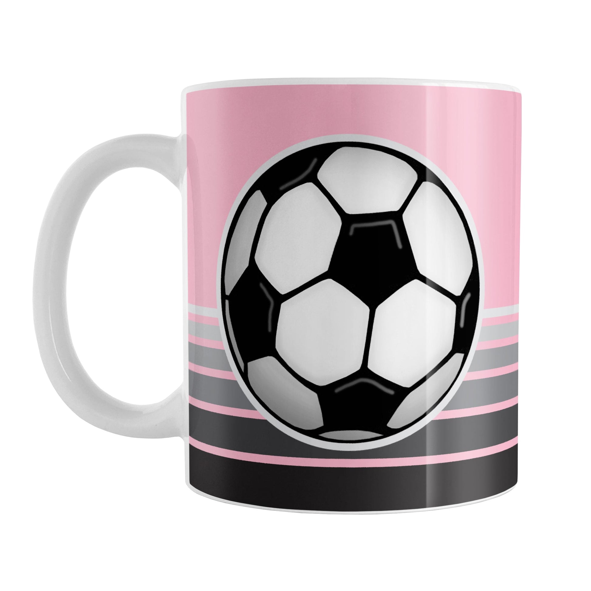 Gray Gradient Lined Pink Soccer Ball Mug (11oz) at Amy's Coffee Mugs. A ceramic coffee mug designed with a big soccer ball on both sides of the mug over gradient black to gray lines along the bottom over a pink background color that wraps around the mug up to the handle.