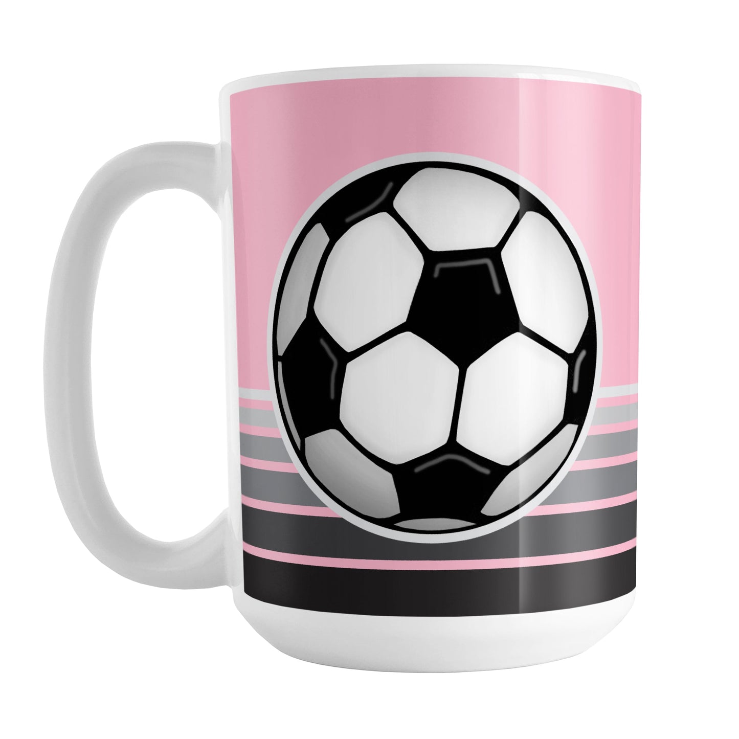 Gray Gradient Lined Pink Soccer Ball Mug (15oz) at Amy's Coffee Mugs. A ceramic coffee mug designed with a big soccer ball on both sides of the mug over gradient black to gray lines along the bottom over a pink background color that wraps around the mug up to the handle.