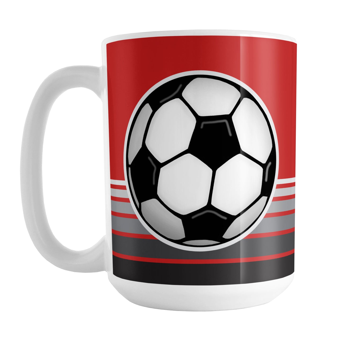 Gray Gradient Lined Red Soccer Ball Mug (15oz) at Amy's Coffee Mugs. A ceramic coffee mug designed with a big soccer ball on both sides of the mug over gradient black to gray lines along the bottom over a red background color that wraps around the mug up to the handle.