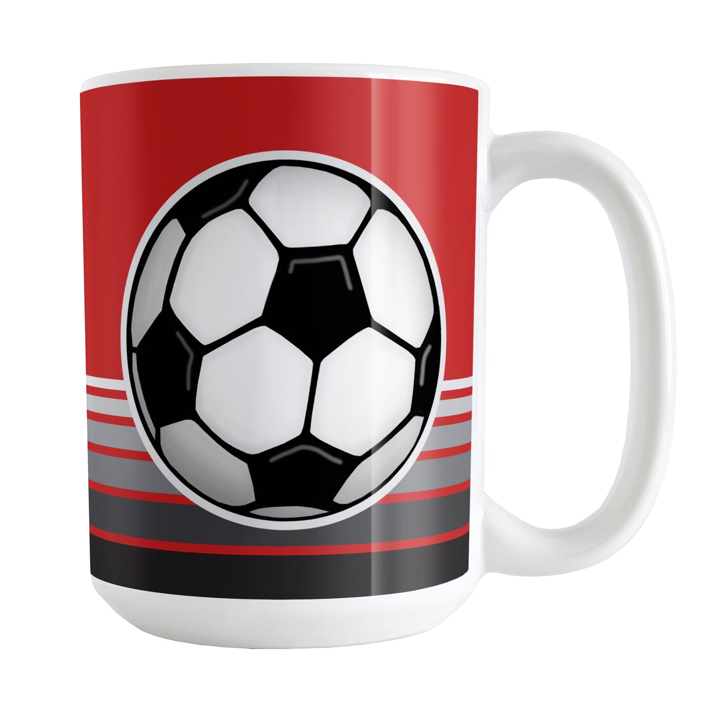 Gray Gradient Lined Red Soccer Ball Mug (15oz) at Amy's Coffee Mugs. A ceramic coffee mug designed with a big soccer ball on both sides of the mug over gradient black to gray lines along the bottom over a red background color that wraps around the mug up to the handle.