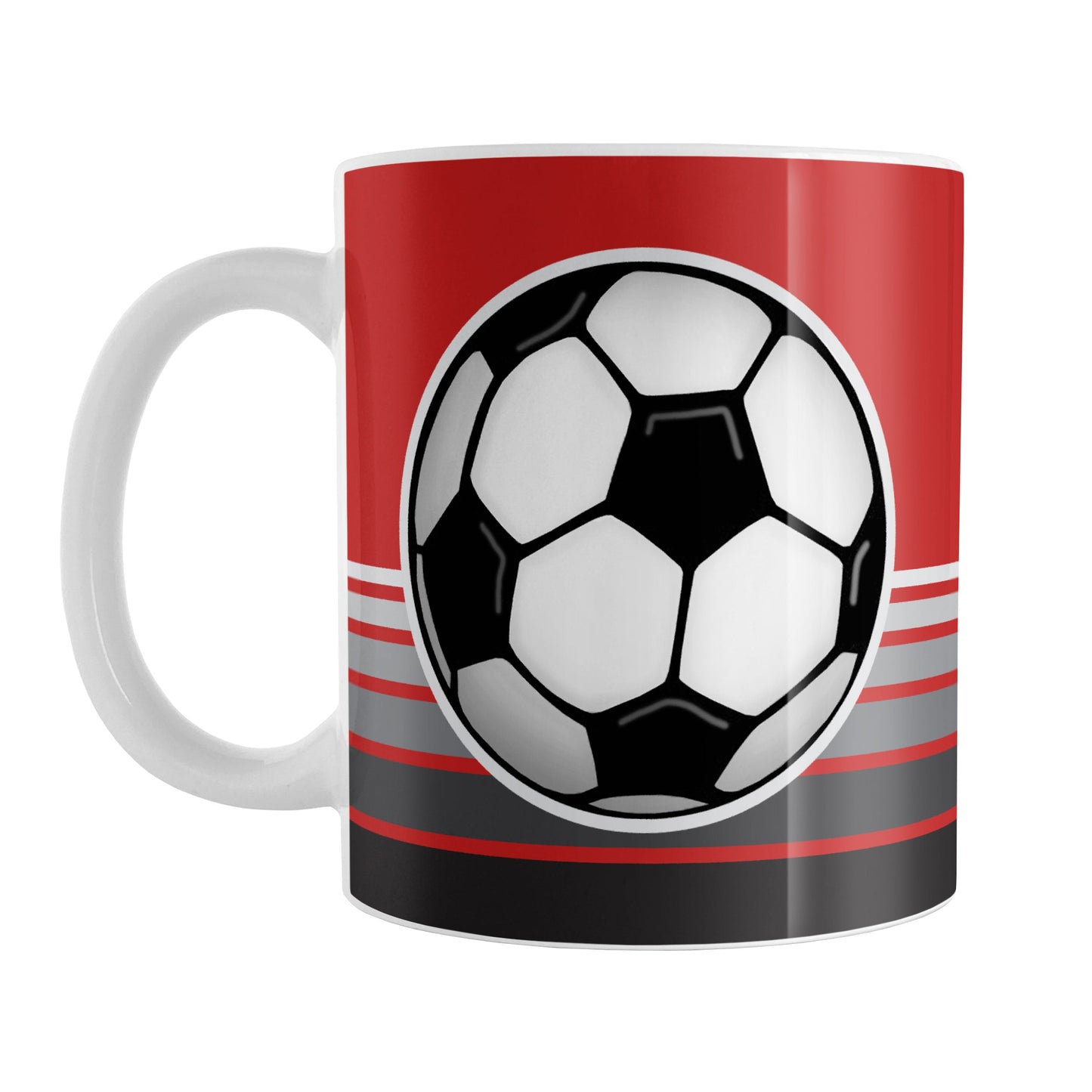 Gray Gradient Lined Red Soccer Ball Mug (11oz) at Amy's Coffee Mugs. A ceramic coffee mug designed with a big soccer ball on both sides of the mug over gradient black to gray lines along the bottom over a red background color that wraps around the mug up to the handle.