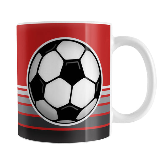 Gray Gradient Lined Red Soccer Ball Mug (11oz) at Amy's Coffee Mugs. A ceramic coffee mug designed with a big soccer ball on both sides of the mug over gradient black to gray lines along the bottom over a red background color that wraps around the mug up to the handle.