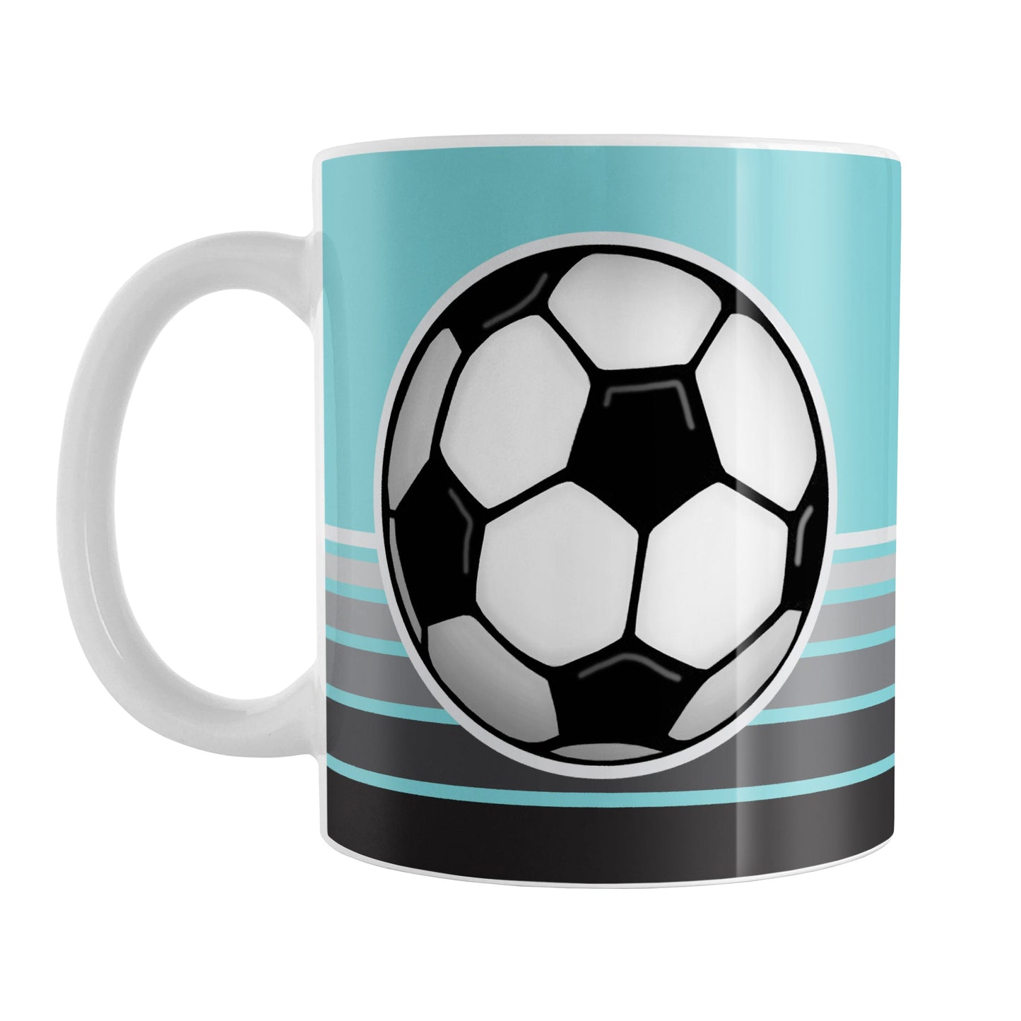 Gray Gradient Lined Teal Soccer Ball Mug (11oz) at Amy's Coffee Mugs. A ceramic coffee mug designed with a big soccer ball on both sides of the mug over gradient black to gray lines along the bottom over a teal background color that wraps around the mug up to the handle.