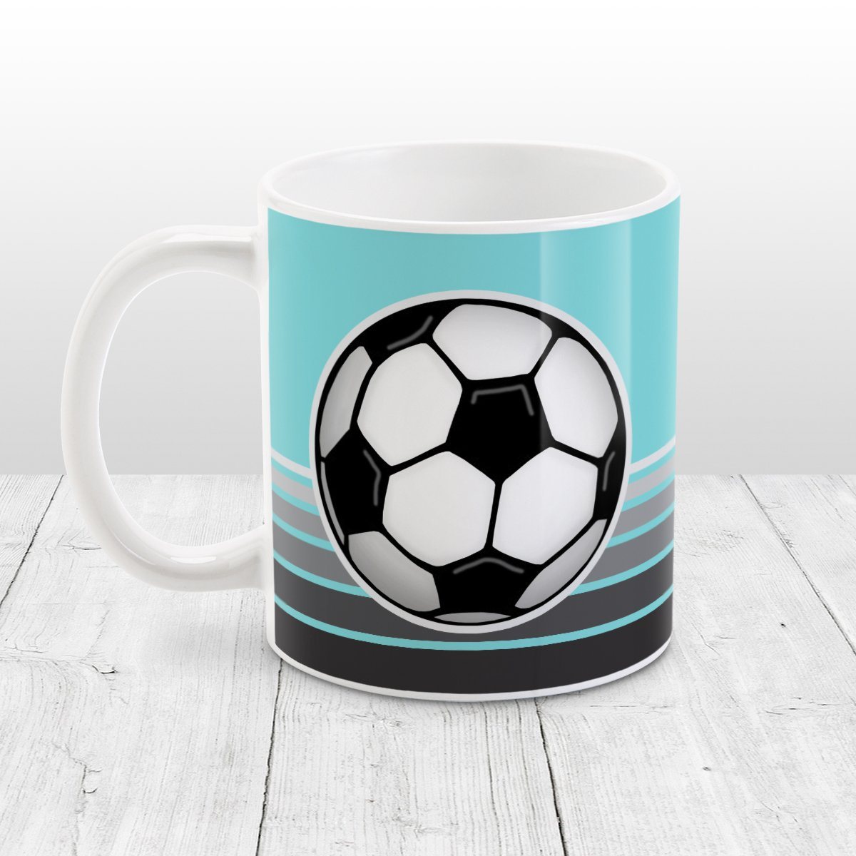 Gray Gradient Lined Teal Soccer Ball Mug at Amy's Coffee Mugs