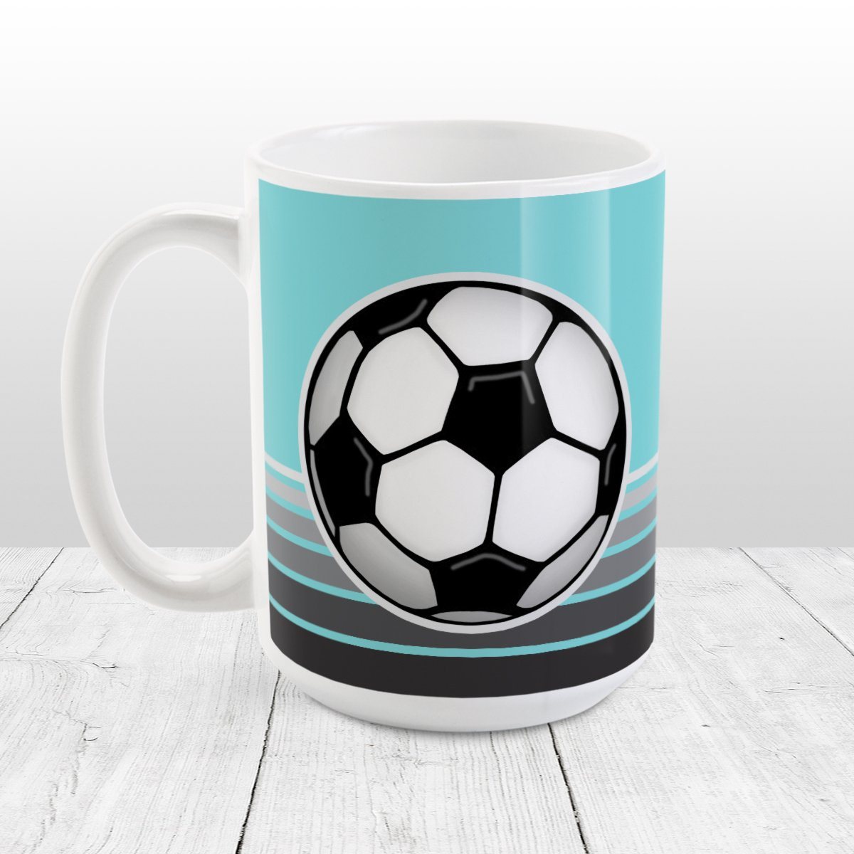 Gray Gradient Lined Teal Soccer Ball Mug at Amy's Coffee Mugs