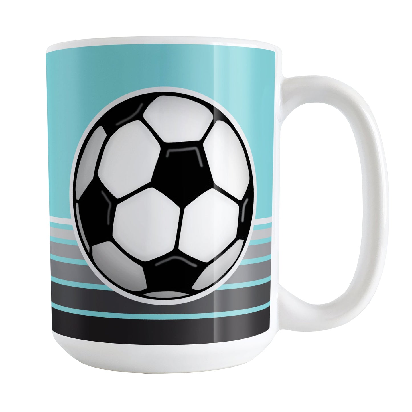 Gray Gradient Lined Teal Soccer Ball Mug (15oz) at Amy's Coffee Mugs. A ceramic coffee mug designed with a big soccer ball on both sides of the mug over gradient black to gray lines along the bottom over a teal background color that wraps around the mug up to the handle.