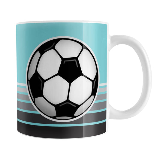 Gray Gradient Lined Teal Soccer Ball Mug (11oz) at Amy's Coffee Mugs. A ceramic coffee mug designed with a big soccer ball on both sides of the mug over gradient black to gray lines along the bottom over a teal background color that wraps around the mug up to the handle.
