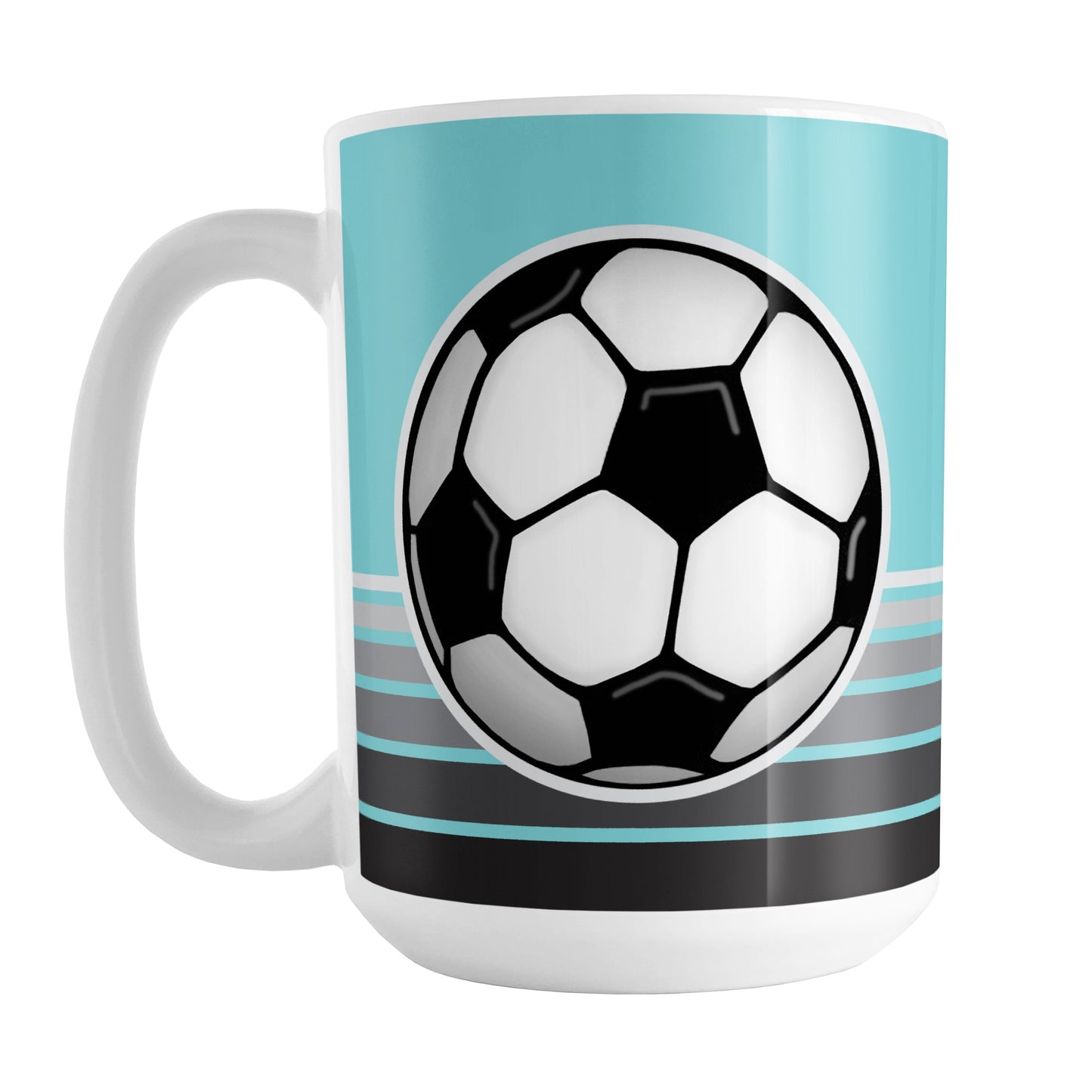 Gray Gradient Lined Teal Soccer Ball Mug (15oz) at Amy's Coffee Mugs. A ceramic coffee mug designed with a big soccer ball on both sides of the mug over gradient black to gray lines along the bottom over a teal background color that wraps around the mug up to the handle.