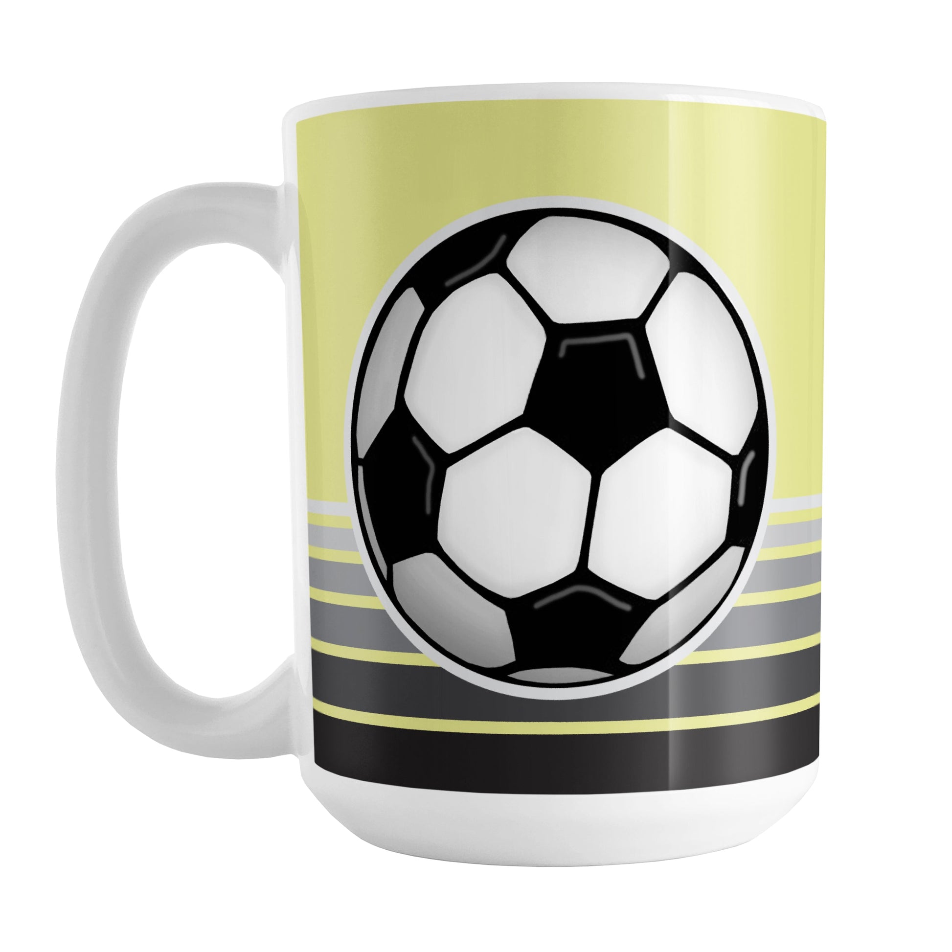 Gray Gradient Lined Yellow Soccer Ball Mug (15oz) at Amy's Coffee Mugs. A ceramic coffee mug designed with a big soccer ball on both sides of the mug over gradient black to gray lines along the bottom over a yellow background color that wraps around the mug up to the handle.