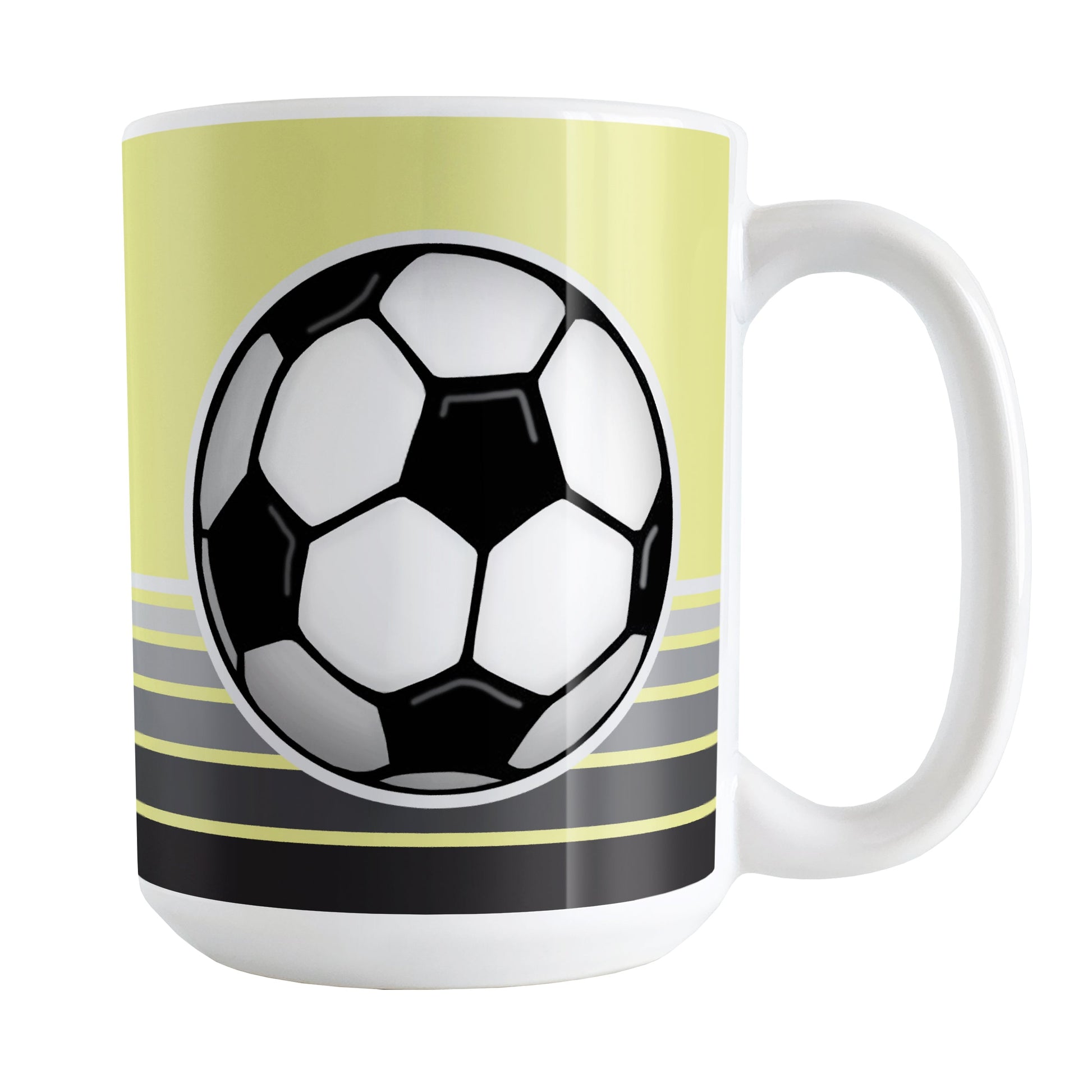 Gray Gradient Lined Yellow Soccer Ball Mug (15oz) at Amy's Coffee Mugs. A ceramic coffee mug designed with a big soccer ball on both sides of the mug over gradient black to gray lines along the bottom over a yellow background color that wraps around the mug up to the handle.