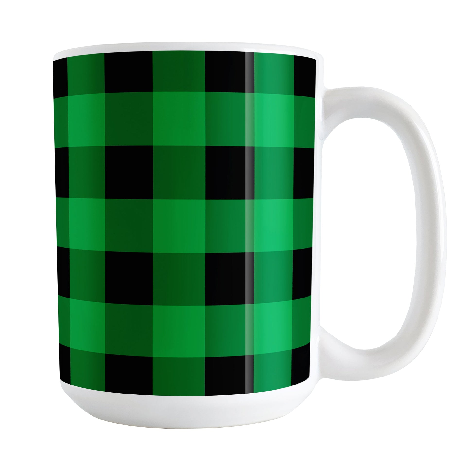 Green and Black Buffalo Plaid Mug (15oz) at Amy's Coffee Mugs. A ceramic coffee mug designed with a black and green buffalo plaid (buffalo check) pattern that wraps around the mug up to the handle.