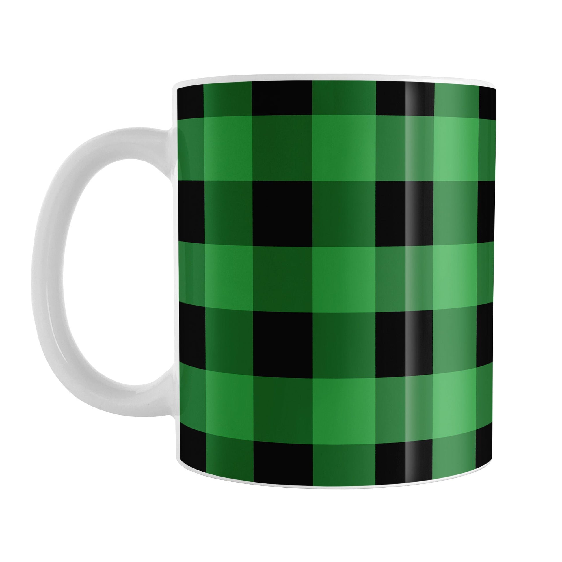 Green and Black Buffalo Plaid Mug (11oz) at Amy's Coffee Mugs. A ceramic coffee mug designed with a black and green buffalo plaid (buffalo check) pattern that wraps around the mug up to the handle.