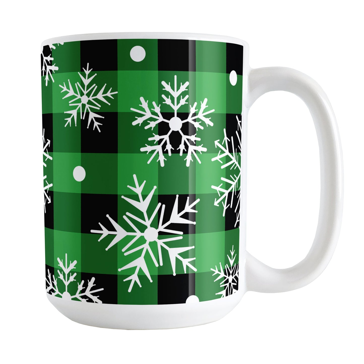 Green and Black Buffalo Plaid Snowflake Mug (15oz) at Amy's Coffee Mugs. A ceramic coffee mug designed with a pattern of white snowflakes over a green and black buffalo plaid (buffalo check) pattern that wraps around the mug up to the handle.