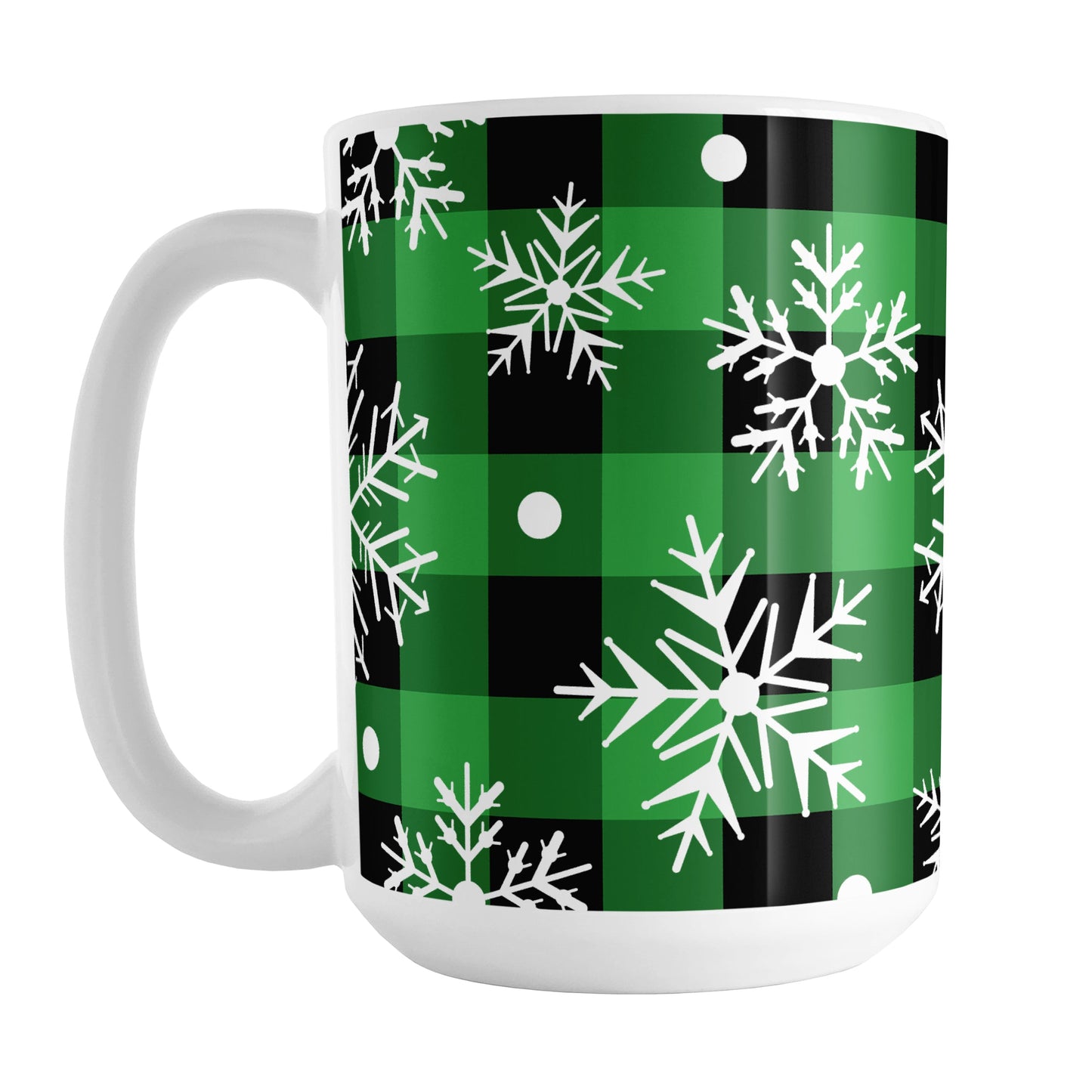 Green and Black Buffalo Plaid Snowflake Mug (15oz) at Amy's Coffee Mugs. A ceramic coffee mug designed with a pattern of white snowflakes over a green and black buffalo plaid (buffalo check) pattern that wraps around the mug up to the handle.