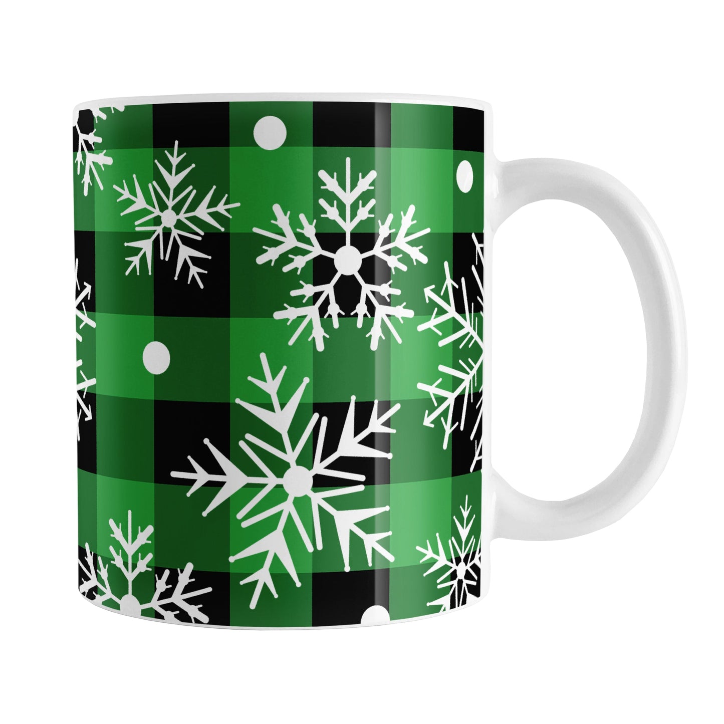 Green and Black Buffalo Plaid Snowflake Mug (11oz) at Amy's Coffee Mugs. A ceramic coffee mug designed with a pattern of white snowflakes over a green and black buffalo plaid (buffalo check) pattern that wraps around the mug up to the handle.