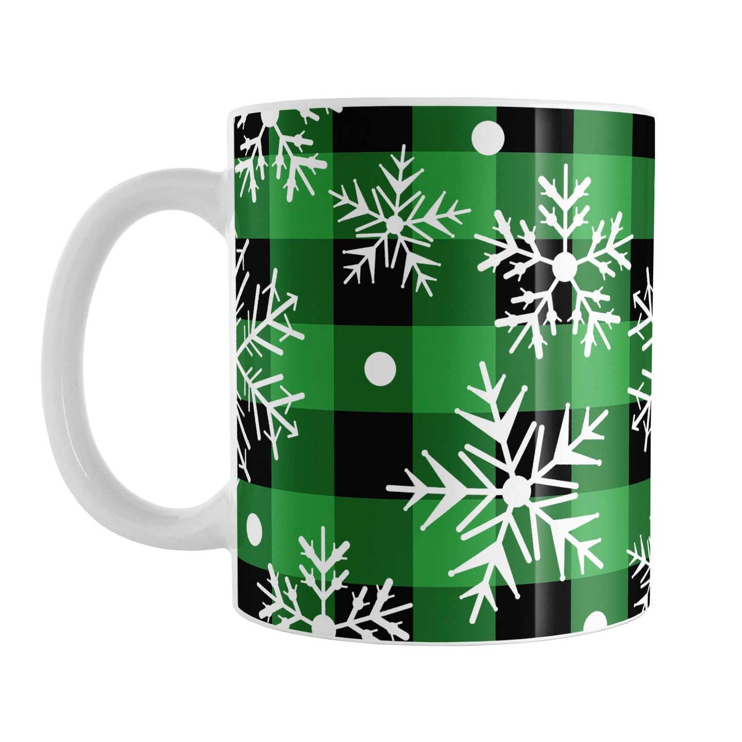 Green and Black Buffalo Plaid Snowflake Mug (11oz) at Amy's Coffee Mugs. A ceramic coffee mug designed with a pattern of white snowflakes over a green and black buffalo plaid (buffalo check) pattern that wraps around the mug up to the handle.