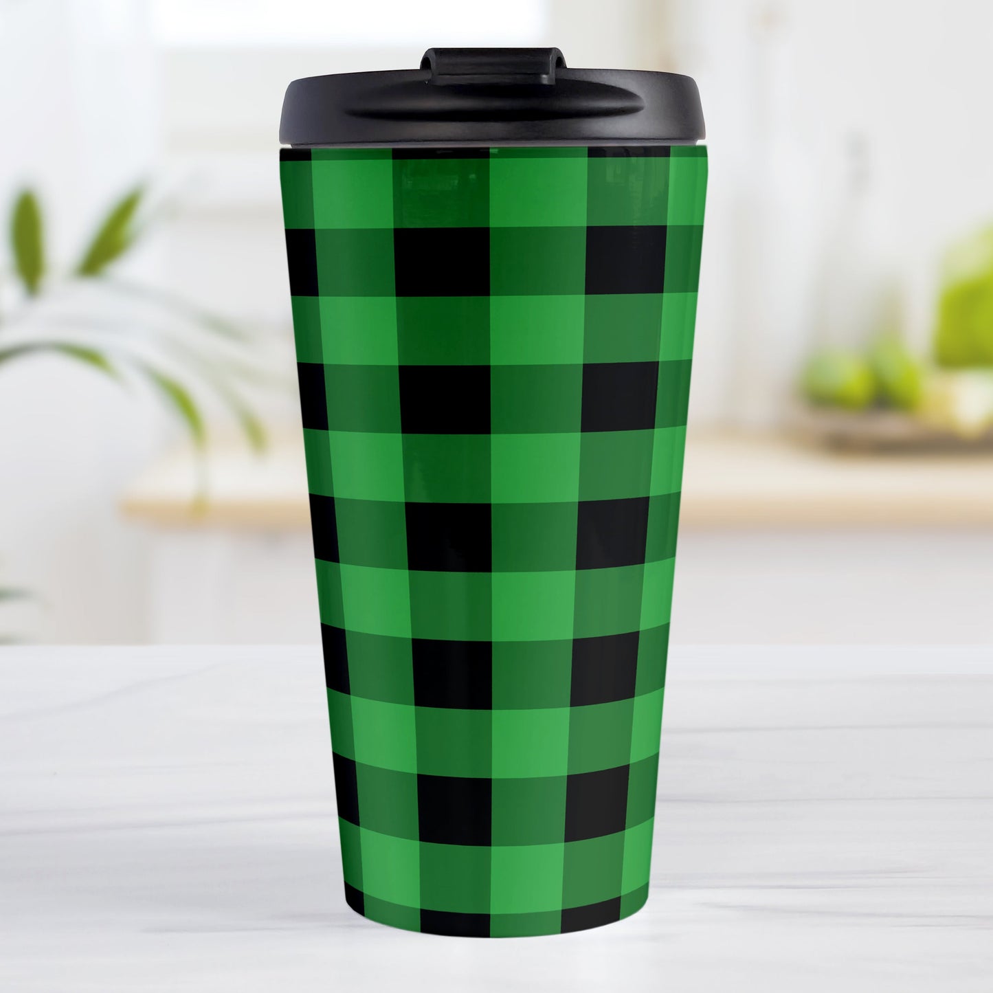 Green and Black Buffalo Plaid Travel Mug (15oz, stainless steel insulated) at Amy's Coffee Mugs. A travel mug designed with a black and green buffalo plaid (buffalo check) pattern that wraps around the travel mug.