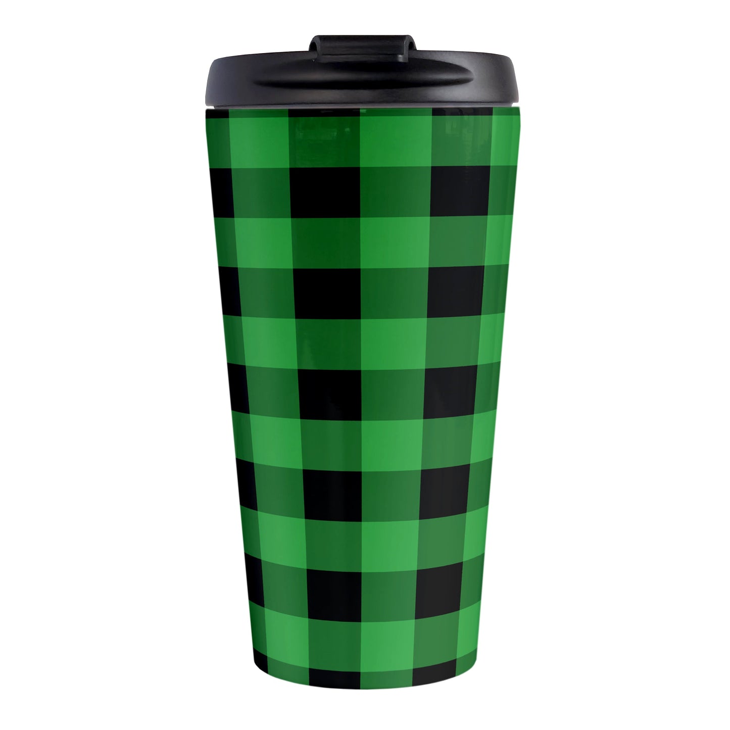 Green and Black Buffalo Plaid Travel Mug (15oz, stainless steel insulated) at Amy's Coffee Mugs. A travel mug designed with a black and green buffalo plaid (buffalo check) pattern that wraps around the travel mug.
