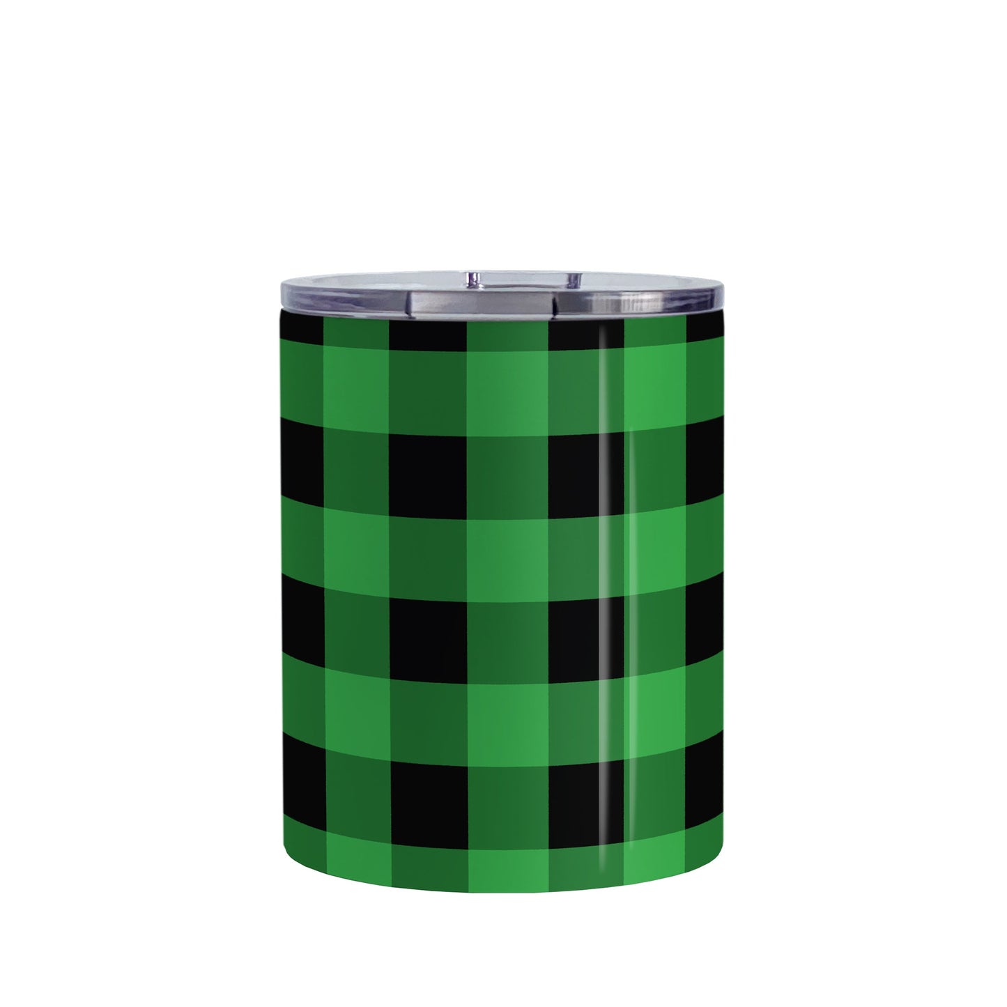 Green and Black Buffalo Plaid Tumbler Cup (10oz, stainless steel insulated) at Amy's Coffee Mugs. A tumbler cup designed with a black and green buffalo plaid (buffalo check) pattern that wraps around the cup.