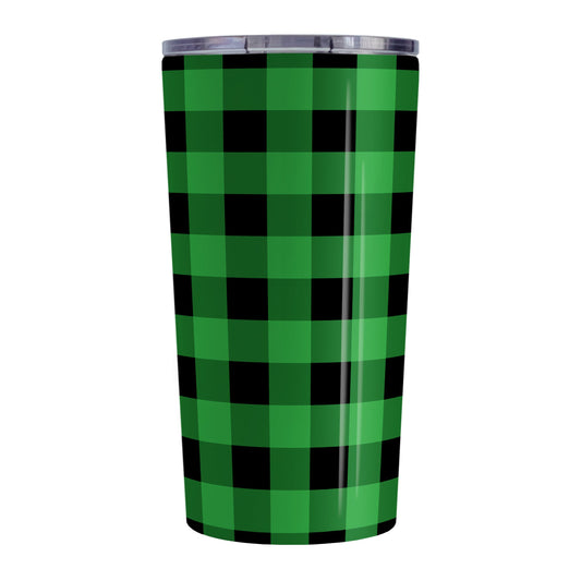 Green and Black Buffalo Plaid Tumbler Cup (20oz, stainless steel insulated) at Amy's Coffee Mugs. A tumbler cup designed with a black and green buffalo plaid (buffalo check) pattern that wraps around the cup.