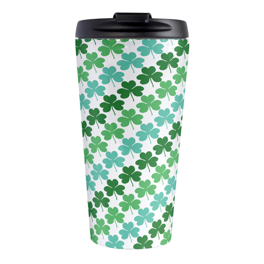 Green and Teal Clovers Travel Mug (15oz, stainless steel insulated) at Amy's Coffee Mugs. A travel mug designed with a pattern of two-tone green and teal clovers (shamrocks) that wraps around the travel mug.