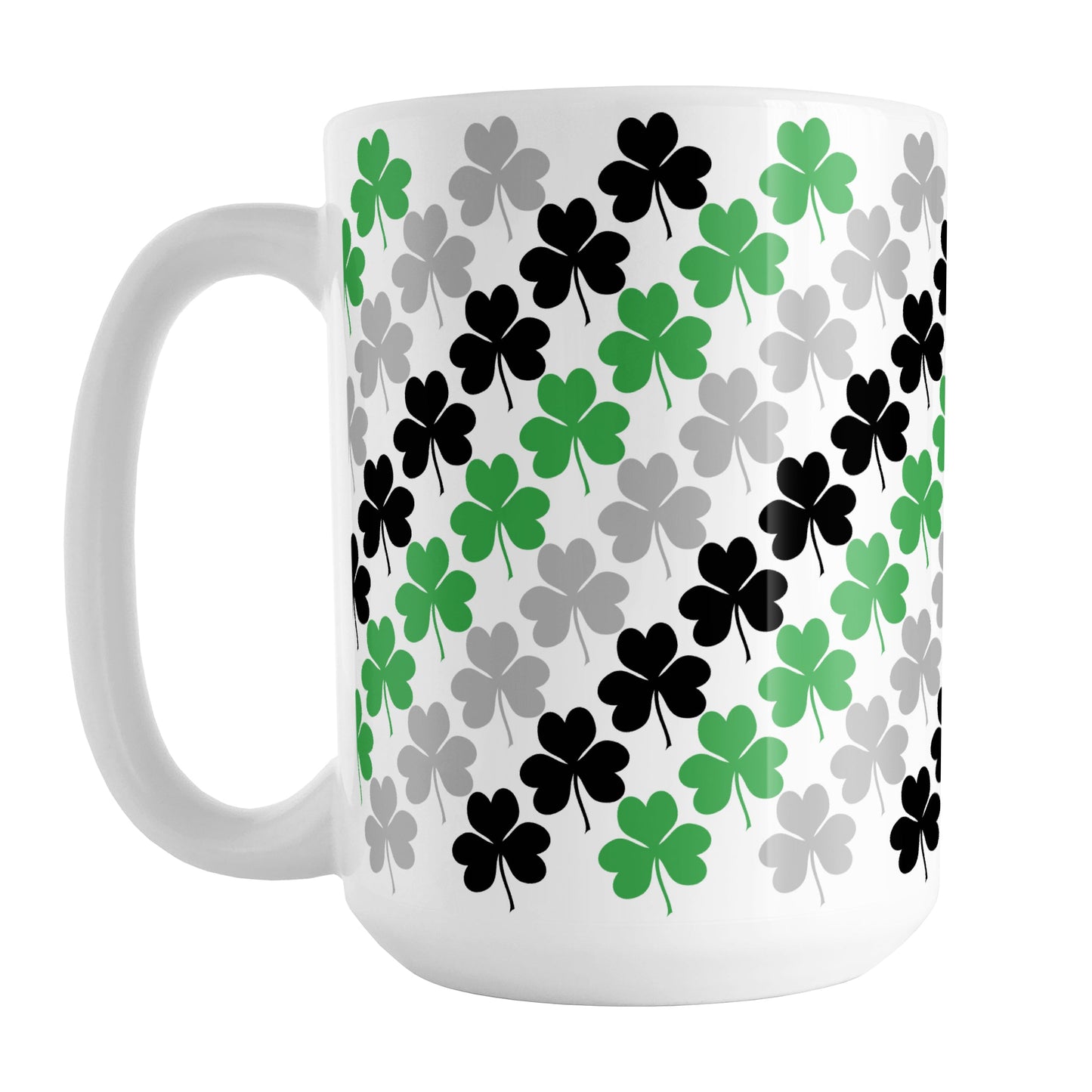 Green Black and Gray Clovers Mug (15oz) at Amy's Coffee Mugs. A ceramic coffee mug designed with a pattern of green, black, and gray clovers (shamrocks) that wraps around the mug up to the handle.