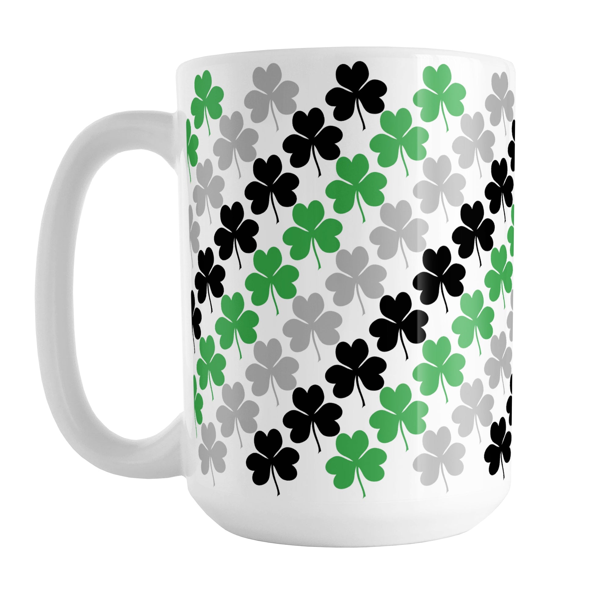 Green Black and Gray Clovers Mug (15oz) at Amy's Coffee Mugs. A ceramic coffee mug designed with a pattern of green, black, and gray clovers (shamrocks) that wraps around the mug up to the handle.