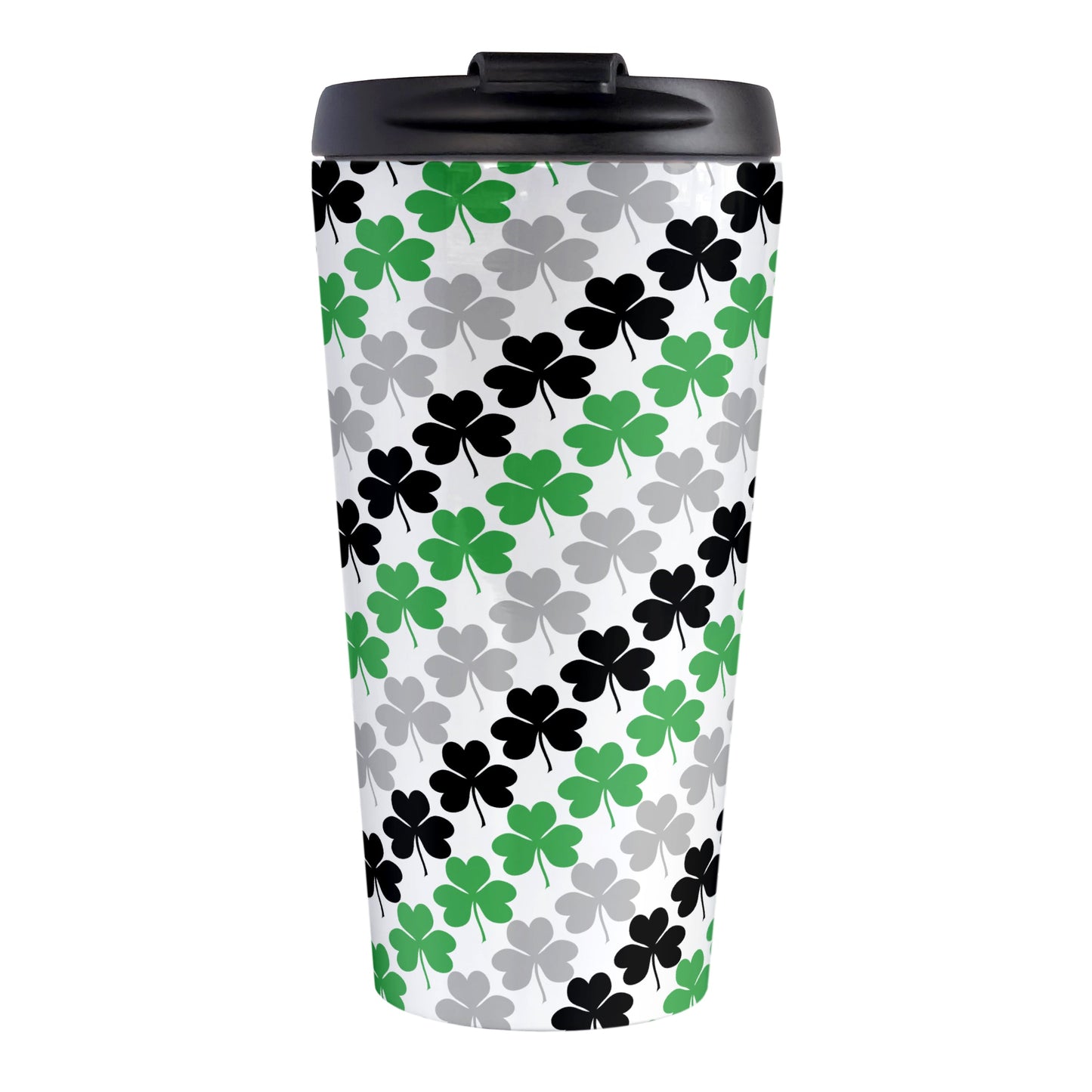 Green Black and Gray Clovers Travel Mug (15oz, stainless steel insulated) at Amy's Coffee Mugs. A travel mug designed with a pattern of green, black, and gray clovers (shamrocks) that wraps around the travel mug.