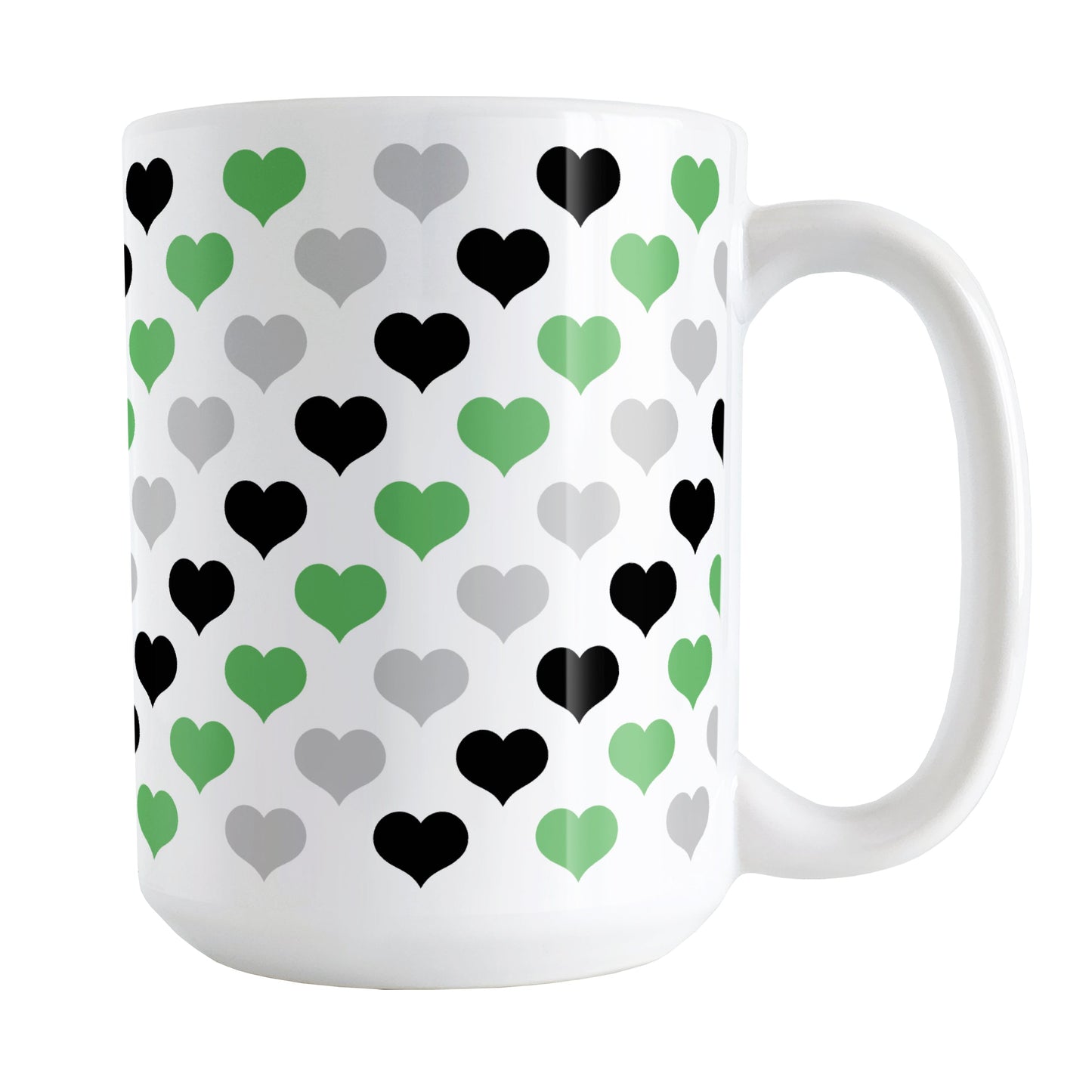 Green Black Gray Hearts Pattern Mug (15oz) at Amy's Coffee Mugs. A ceramic coffee mug designed with a pattern of hearts in black, green, and gray that wraps around the mug up to the handle.