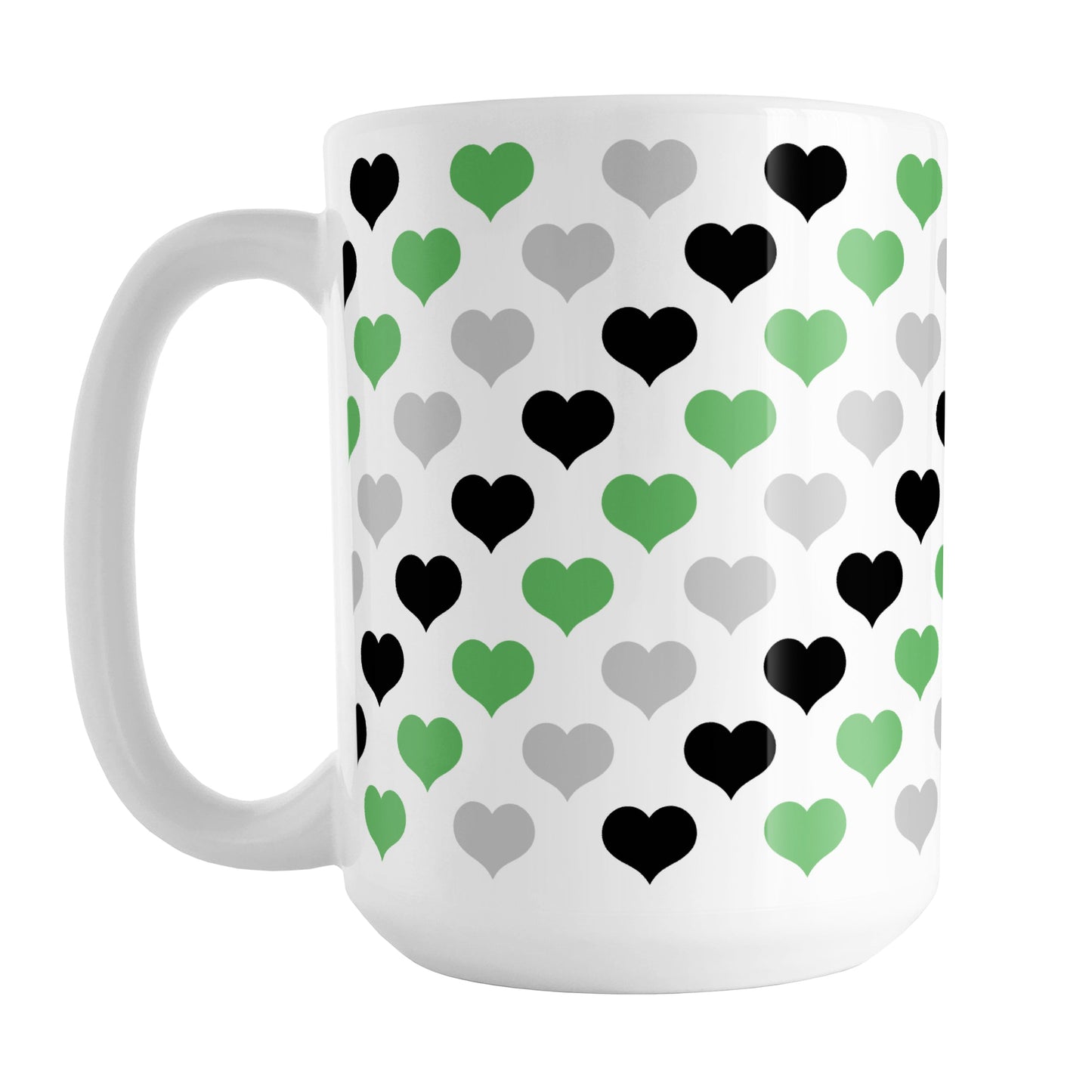 Green Black Gray Hearts Pattern Mug (15oz) at Amy's Coffee Mugs. A ceramic coffee mug designed with a pattern of hearts in black, green, and gray that wraps around the mug up to the handle.