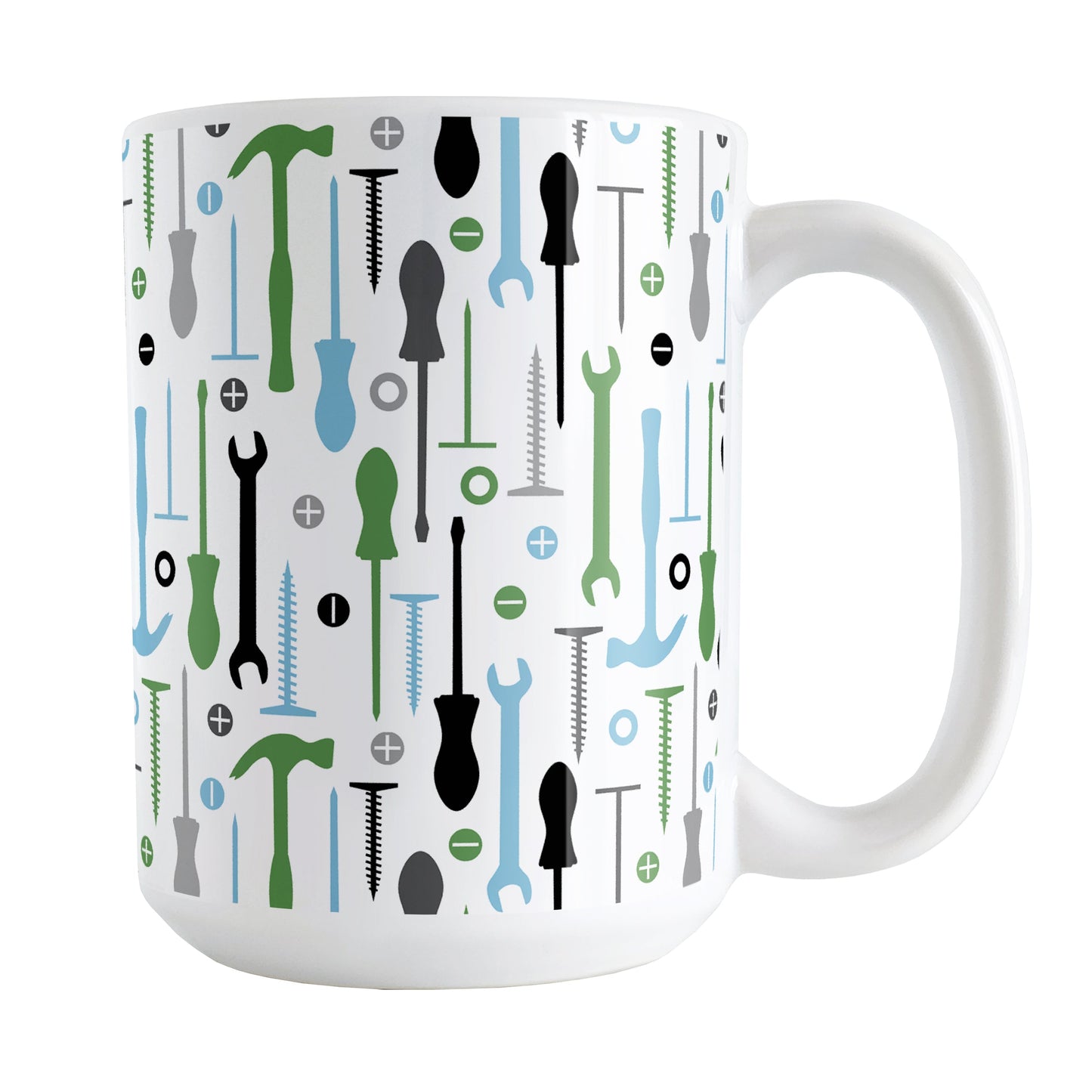 Green Blue Tools Pattern Mug (15oz) at Amy's Coffee Mugs. A ceramic coffee mug with a modern style pattern of tools in green, blue, black, and gray over white that wraps around the mug to the handle. Perfect for any handyman or contractor.