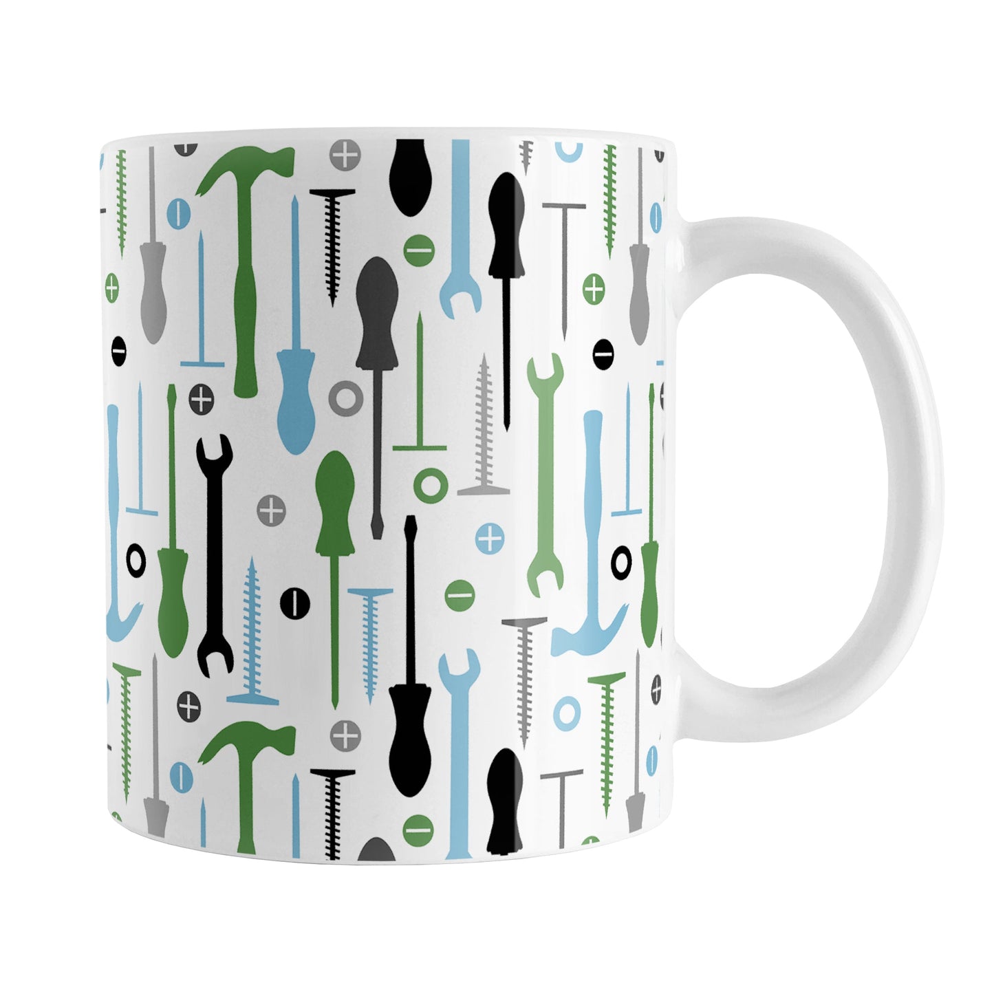 Green Blue Tools Pattern Mug (11oz) at Amy's Coffee Mugs. A ceramic coffee mug with a modern style pattern of tools in green, blue, black, and gray over white that wraps around the mug to the handle. Perfect for any handyman or contractor.