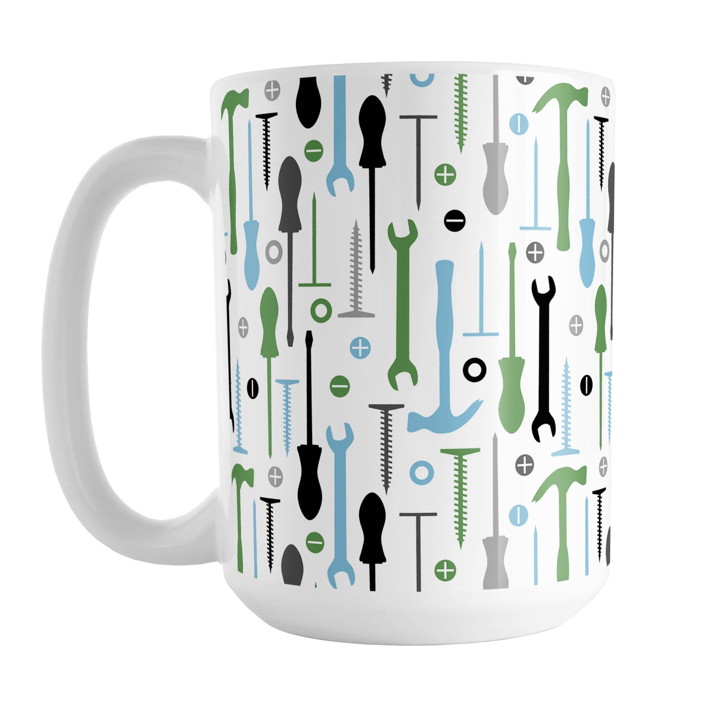 Green Blue Tools Pattern Mug (15oz) at Amy's Coffee Mugs. A ceramic coffee mug with a modern style pattern of tools in green, blue, black, and gray over white that wraps around the mug to the handle. Perfect for any handyman or contractor.