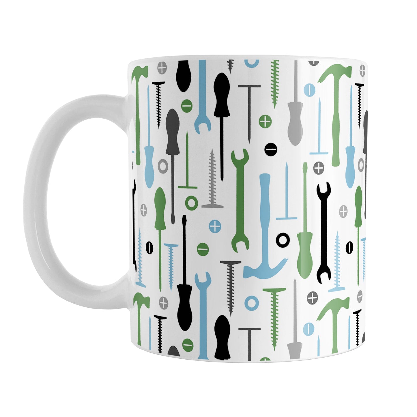 Green Blue Tools Pattern Mug (11oz) at Amy's Coffee Mugs. A ceramic coffee mug with a modern style pattern of tools in green, blue, black, and gray over white that wraps around the mug to the handle. Perfect for any handyman or contractor.